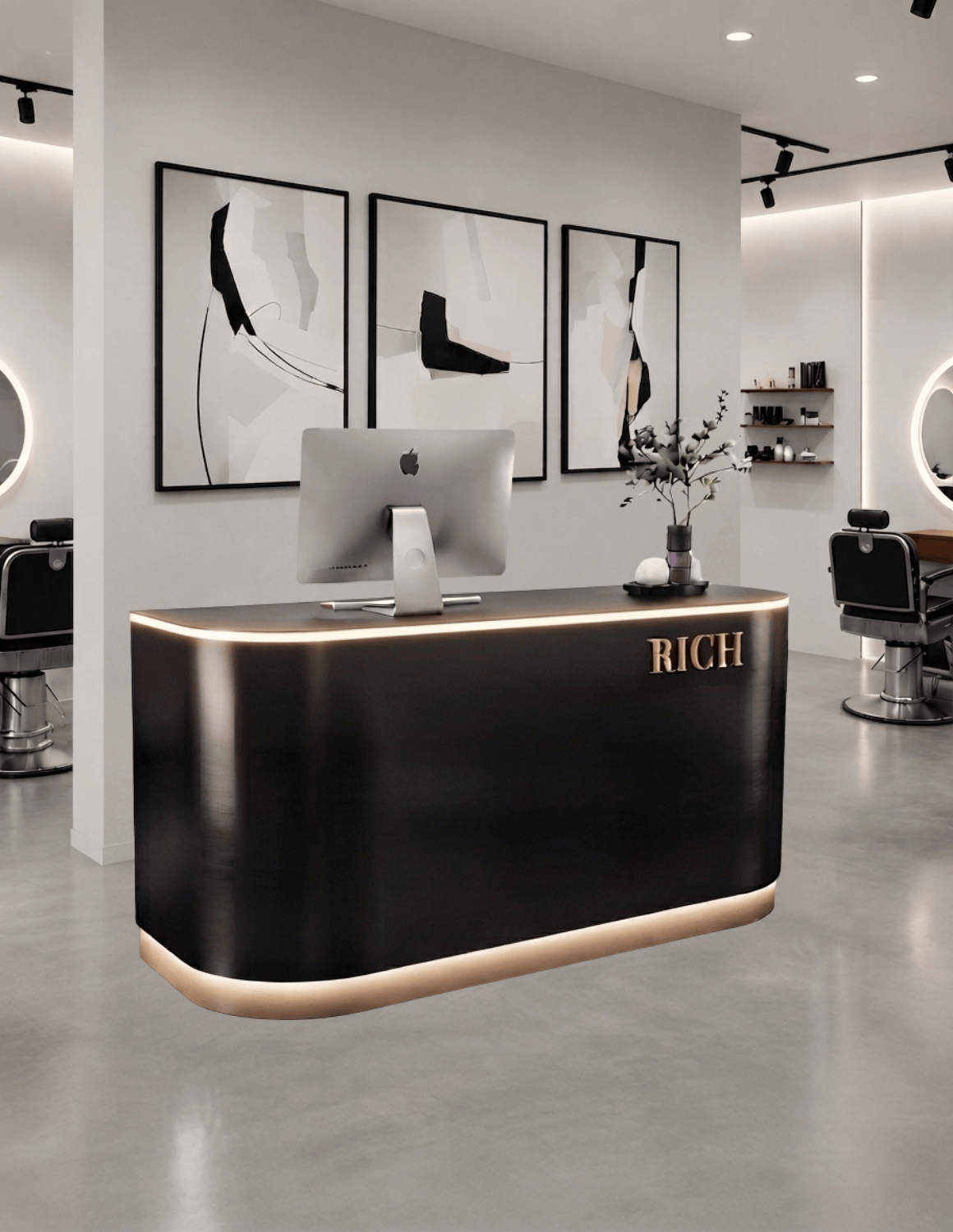 EDGE — طاولة استقبال ألمنيوم بتصميم بسيط لمحلات الحلاقة وصالونات التجميل واستوديوهات الجمال | مكتب استقبال مع إضاءة LED وخيار إضافة شعار
