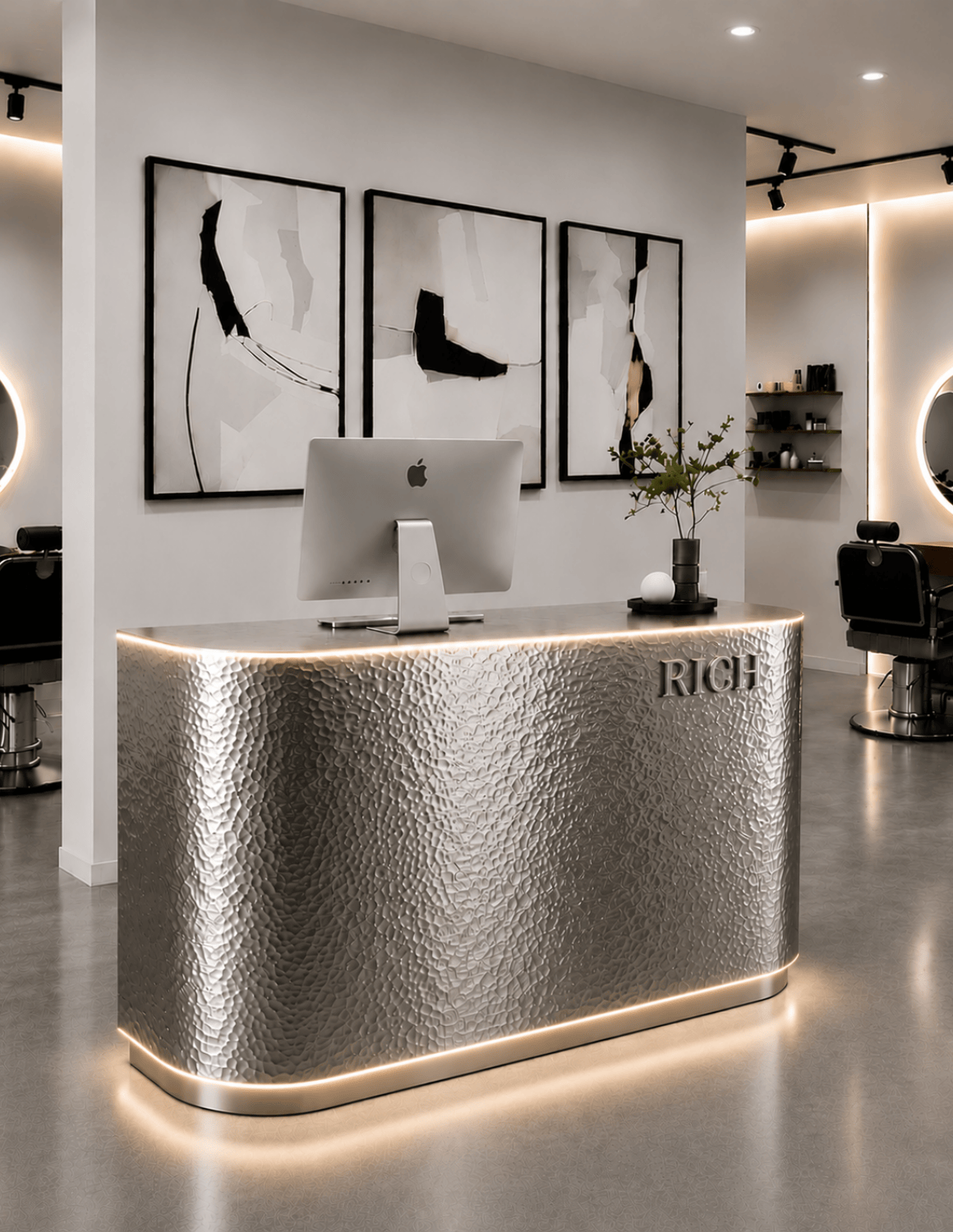 EDGE — طاولة استقبال ألمنيوم بتصميم بسيط لمحلات الحلاقة وصالونات التجميل واستوديوهات الجمال | مكتب استقبال مع إضاءة LED وخيار إضافة شعار