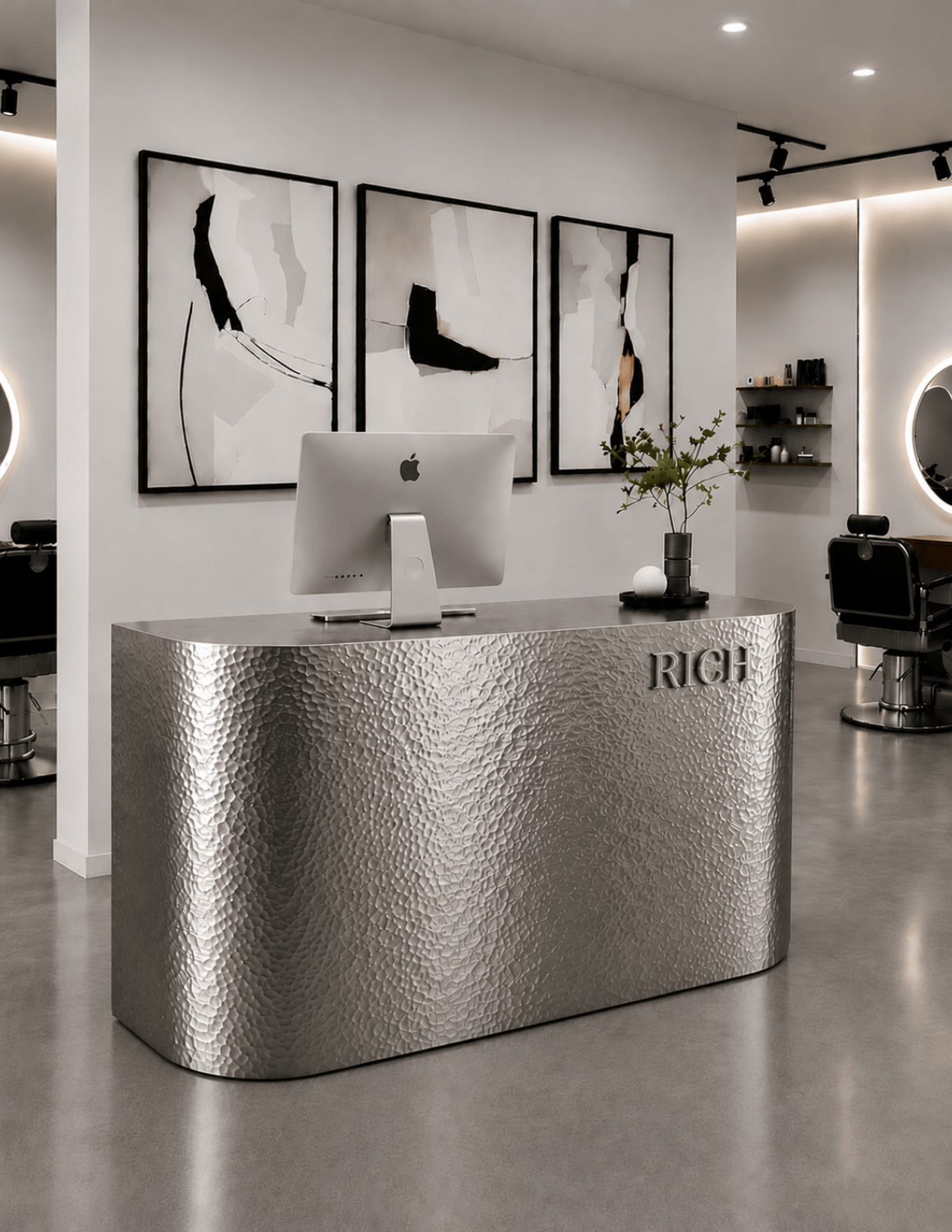 EDGE — طاولة استقبال ألمنيوم بتصميم بسيط لمحلات الحلاقة وصالونات التجميل واستوديوهات الجمال | مكتب استقبال مع إضاءة LED وخيار إضافة شعار