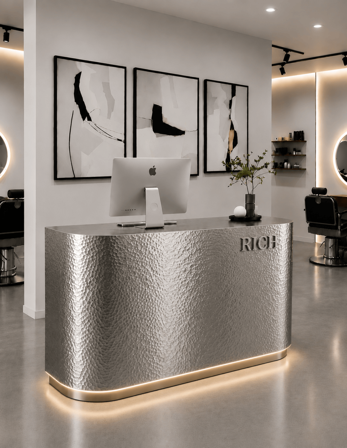 EDGE — طاولة استقبال ألمنيوم بتصميم بسيط لمحلات الحلاقة وصالونات التجميل واستوديوهات الجمال | مكتب استقبال مع إضاءة LED وخيار إضافة شعار