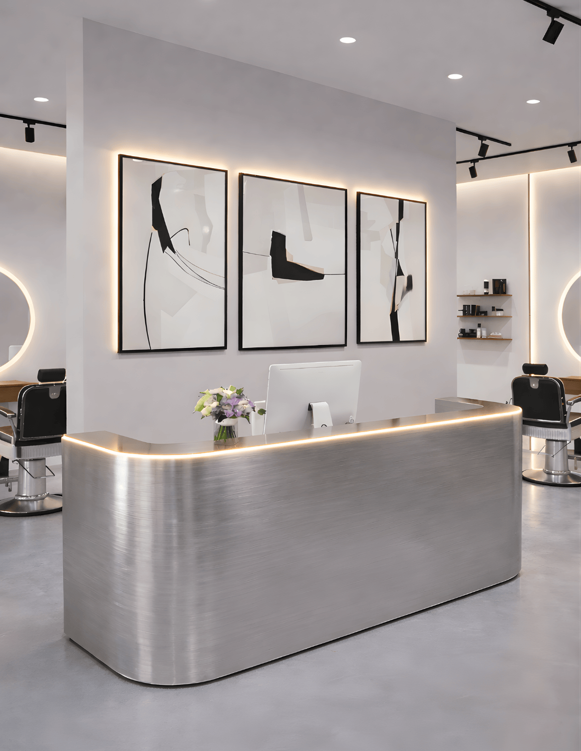 EDGE — طاولة استقبال ألمنيوم بتصميم بسيط لمحلات الحلاقة وصالونات التجميل واستوديوهات الجمال | مكتب استقبال مع إضاءة LED وخيار إضافة شعار