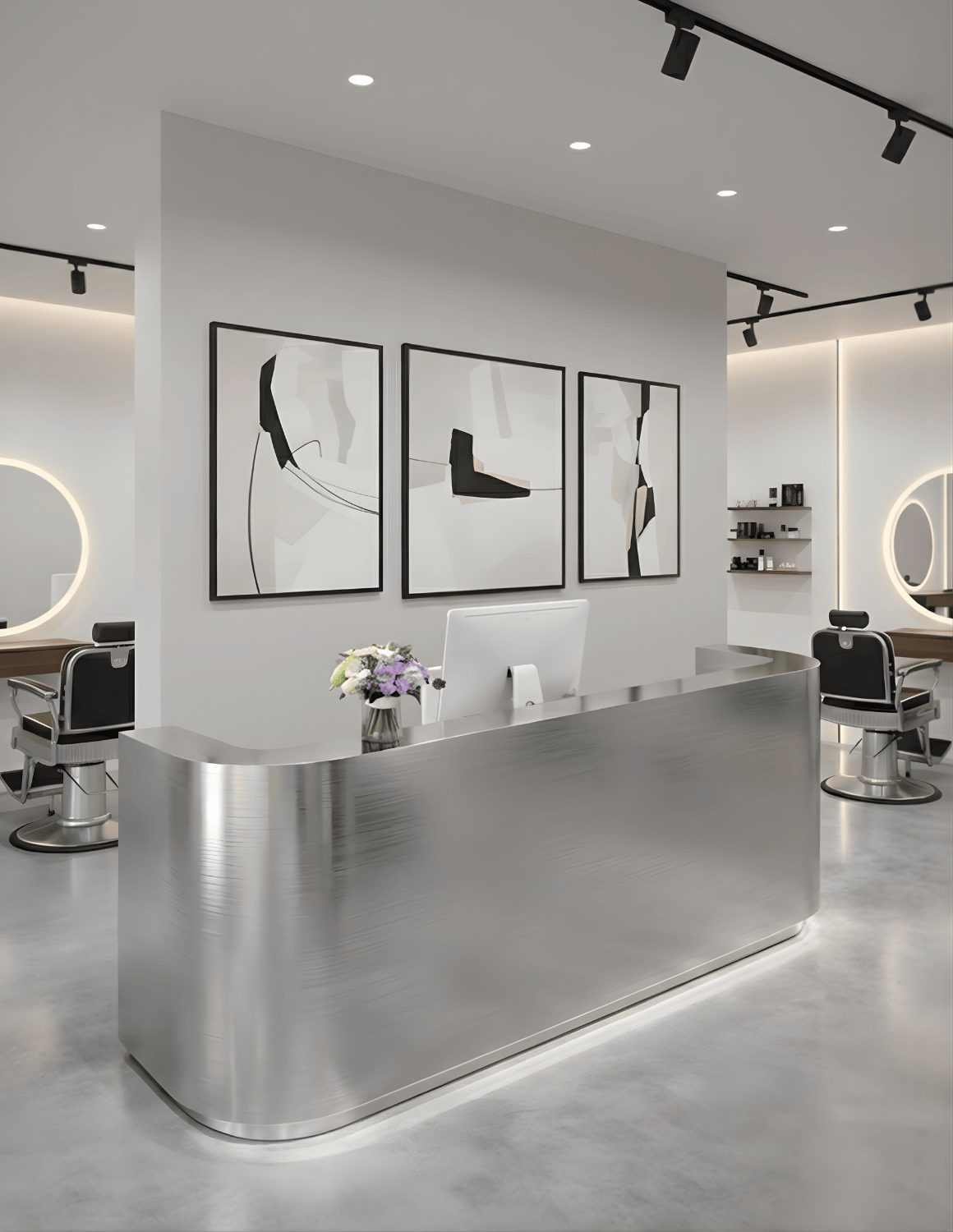 EDGE — طاولة استقبال ألمنيوم بتصميم بسيط لمحلات الحلاقة وصالونات التجميل واستوديوهات الجمال | مكتب استقبال مع إضاءة LED وخيار إضافة شعار