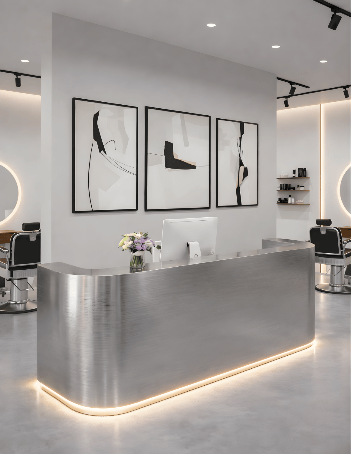 EDGE — طاولة استقبال ألمنيوم بتصميم بسيط لمحلات الحلاقة وصالونات التجميل واستوديوهات الجمال | مكتب استقبال مع إضاءة LED وخيار إضافة شعار