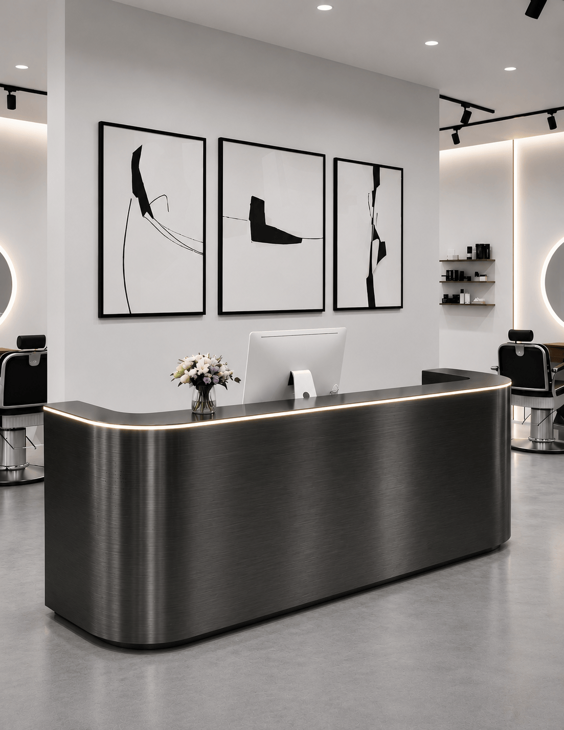EDGE — طاولة استقبال ألمنيوم بتصميم بسيط لمحلات الحلاقة وصالونات التجميل واستوديوهات الجمال | مكتب استقبال مع إضاءة LED وخيار إضافة شعار