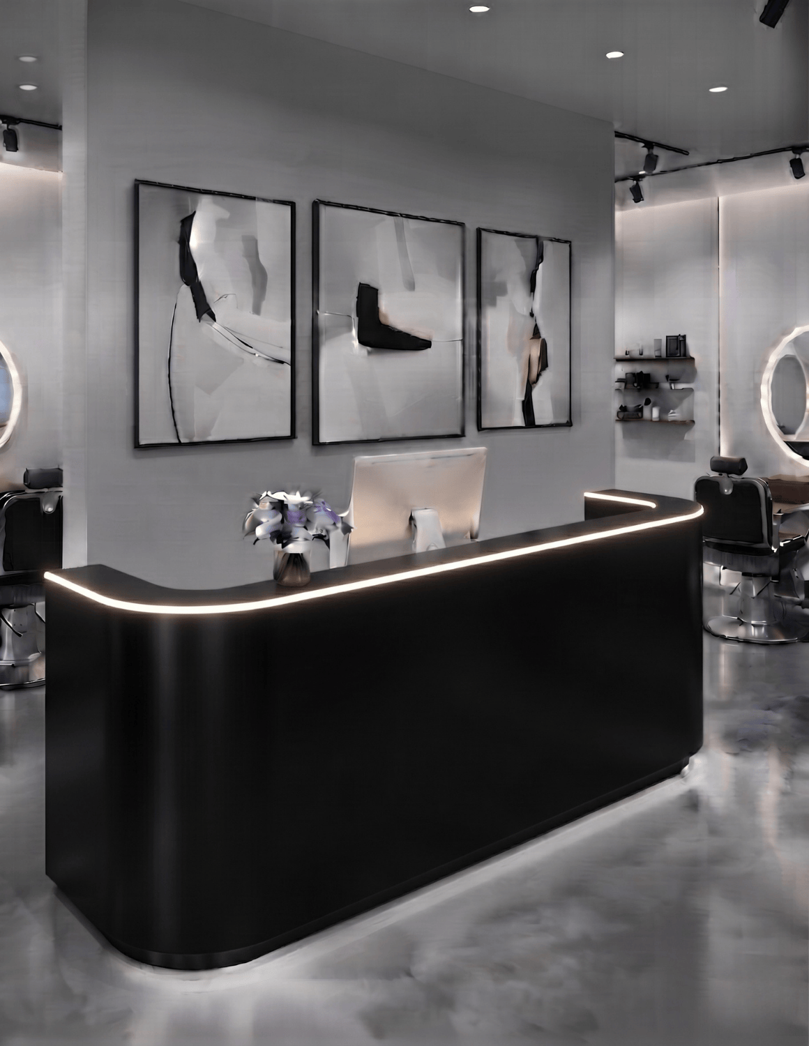 EDGE — طاولة استقبال ألمنيوم بتصميم بسيط لمحلات الحلاقة وصالونات التجميل واستوديوهات الجمال | مكتب استقبال مع إضاءة LED وخيار إضافة شعار