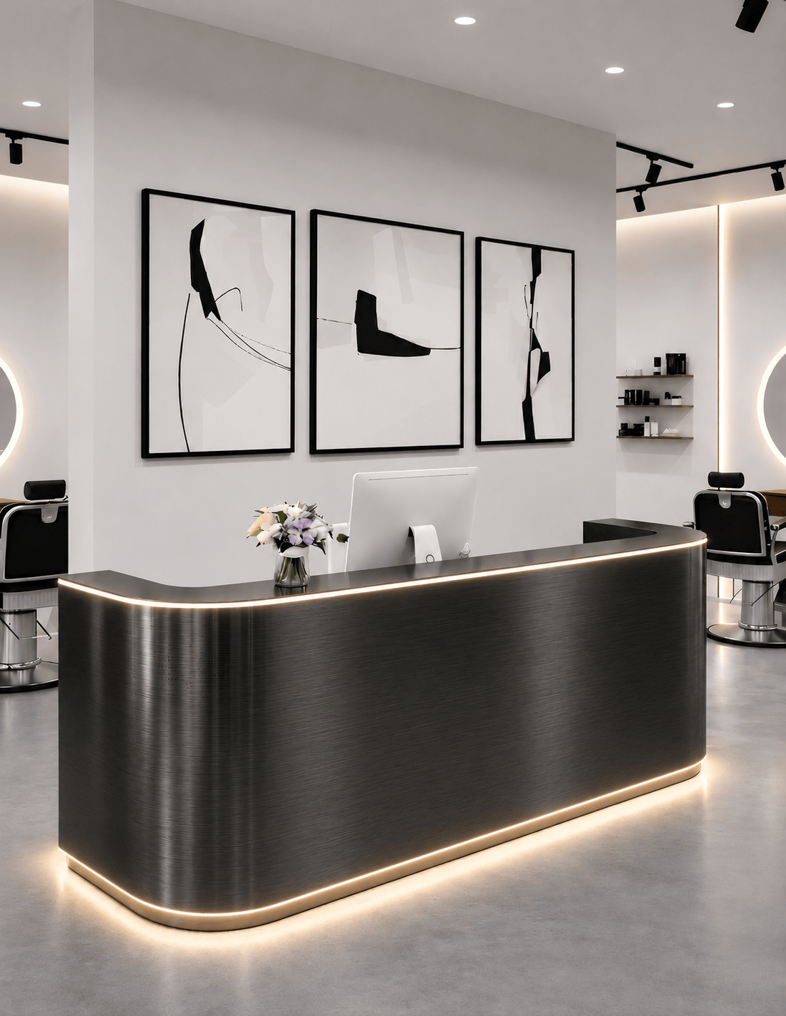 EDGE — طاولة استقبال ألمنيوم بتصميم بسيط لمحلات الحلاقة وصالونات التجميل واستوديوهات الجمال | مكتب استقبال مع إضاءة LED وخيار إضافة شعار