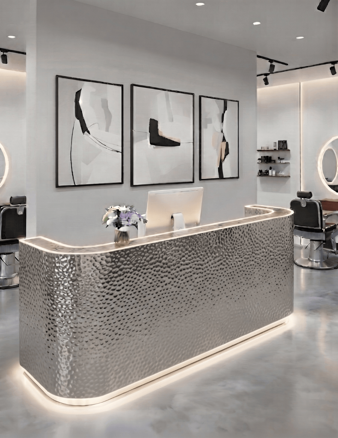 EDGE — طاولة استقبال ألمنيوم بتصميم بسيط لمحلات الحلاقة وصالونات التجميل واستوديوهات الجمال | مكتب استقبال مع إضاءة LED وخيار إضافة شعار