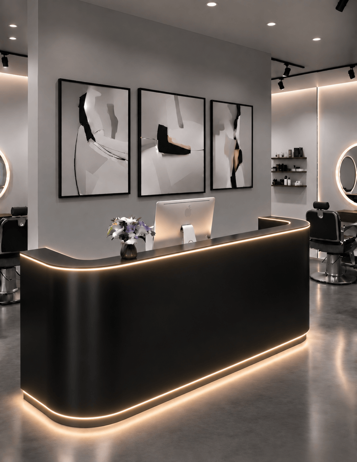 EDGE — طاولة استقبال ألمنيوم بتصميم بسيط لمحلات الحلاقة وصالونات التجميل واستوديوهات الجمال | مكتب استقبال مع إضاءة LED وخيار إضافة شعار