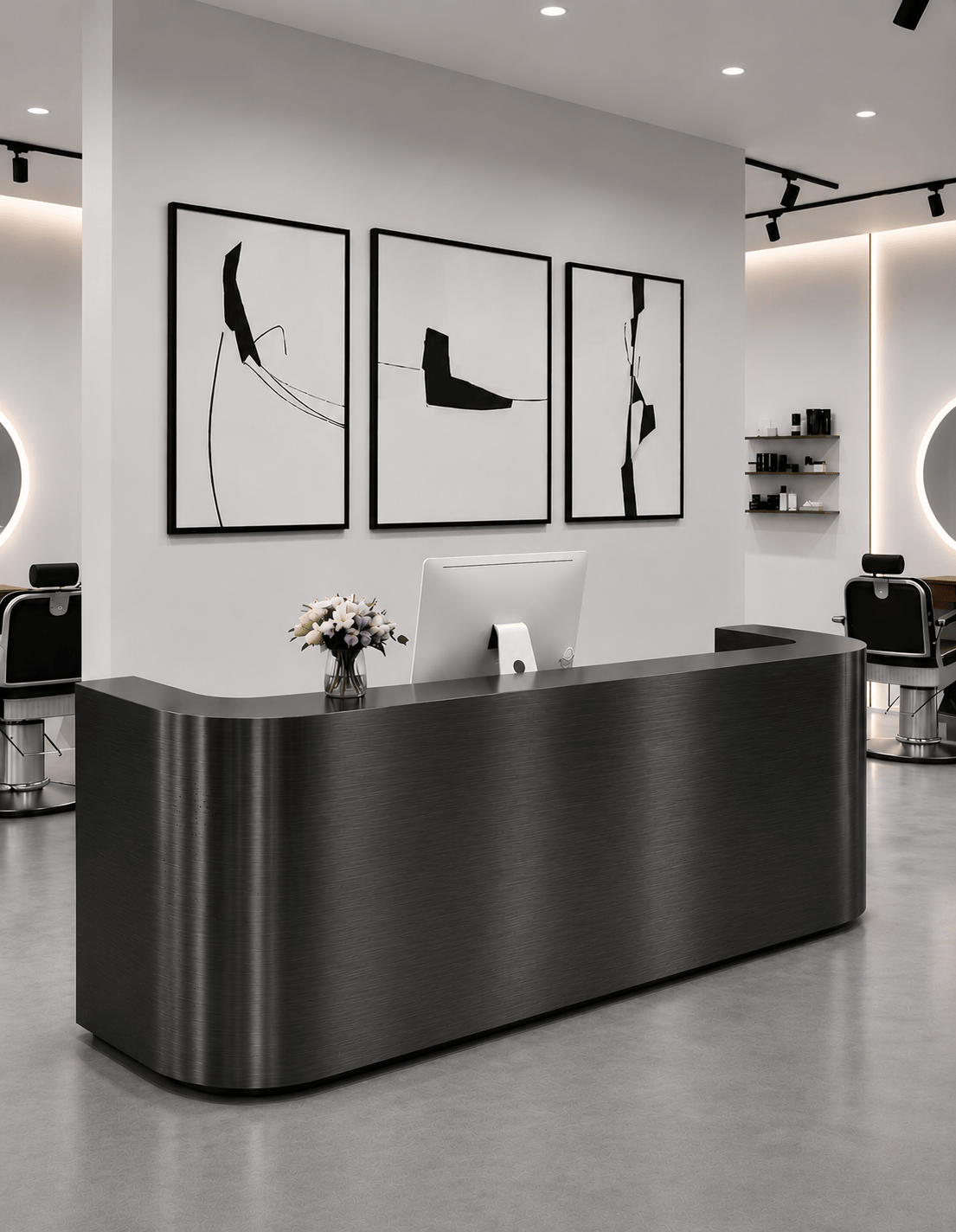 EDGE — طاولة استقبال ألمنيوم بتصميم بسيط لمحلات الحلاقة وصالونات التجميل واستوديوهات الجمال | مكتب استقبال مع إضاءة LED وخيار إضافة شعار
