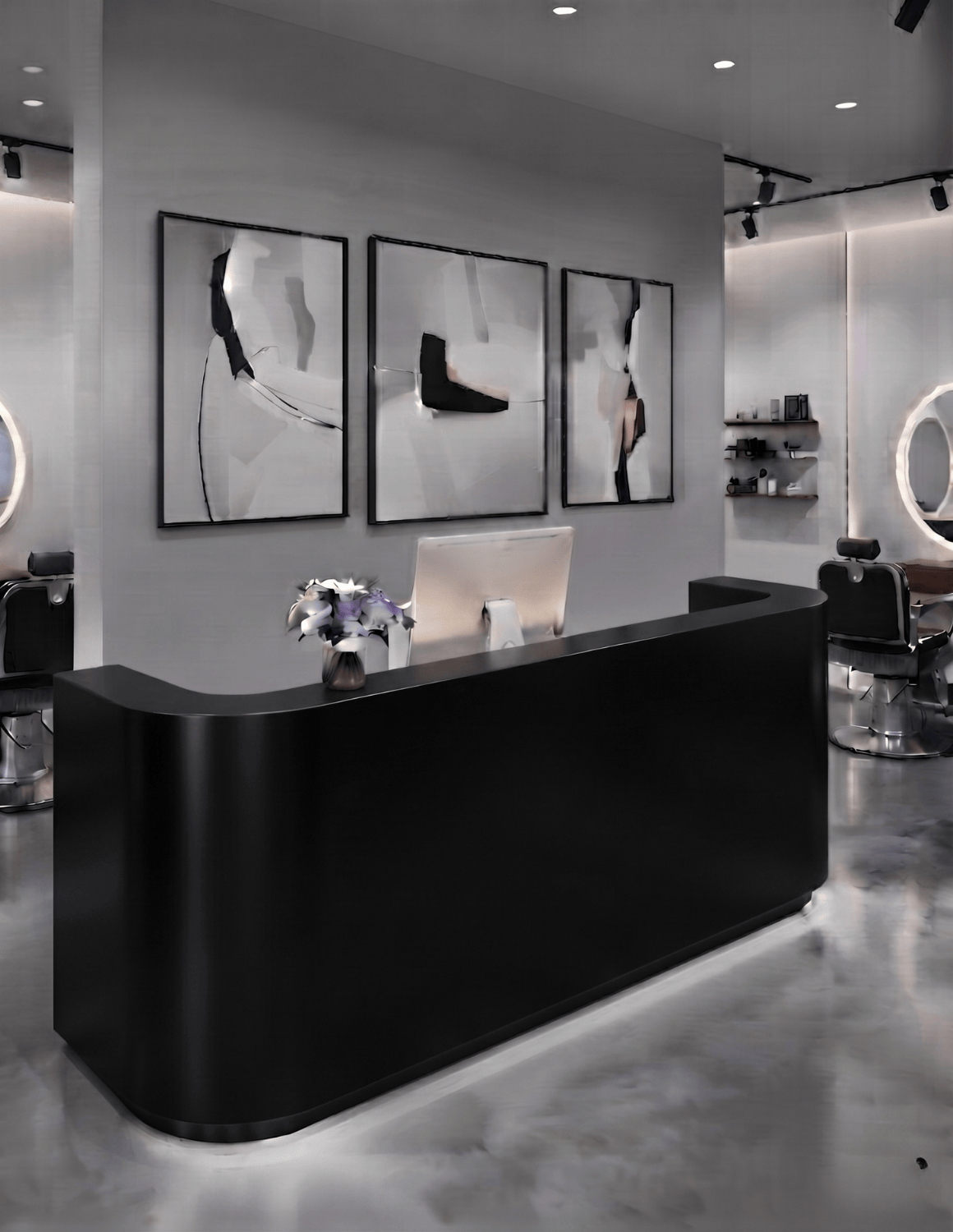 EDGE — طاولة استقبال ألمنيوم بتصميم بسيط لمحلات الحلاقة وصالونات التجميل واستوديوهات الجمال | مكتب استقبال مع إضاءة LED وخيار إضافة شعار
