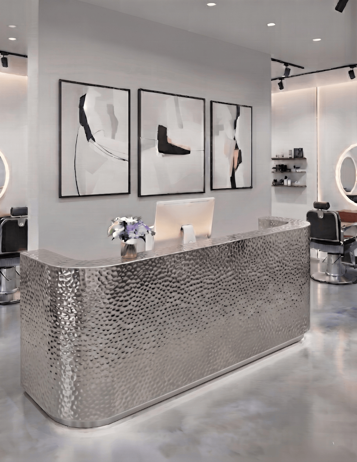 EDGE — طاولة استقبال ألمنيوم بتصميم بسيط لمحلات الحلاقة وصالونات التجميل واستوديوهات الجمال | مكتب استقبال مع إضاءة LED وخيار إضافة شعار