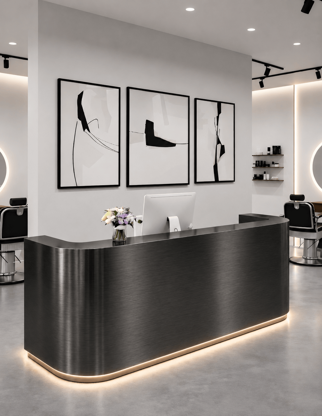EDGE — طاولة استقبال ألمنيوم بتصميم بسيط لمحلات الحلاقة وصالونات التجميل واستوديوهات الجمال | مكتب استقبال مع إضاءة LED وخيار إضافة شعار