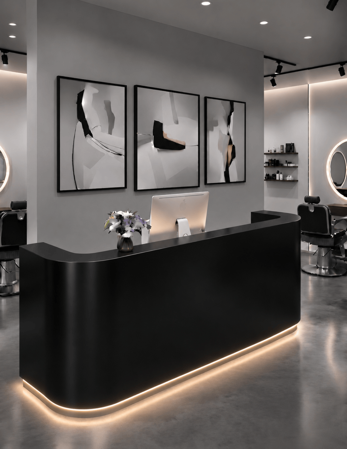 EDGE — طاولة استقبال ألمنيوم بتصميم بسيط لمحلات الحلاقة وصالونات التجميل واستوديوهات الجمال | مكتب استقبال مع إضاءة LED وخيار إضافة شعار