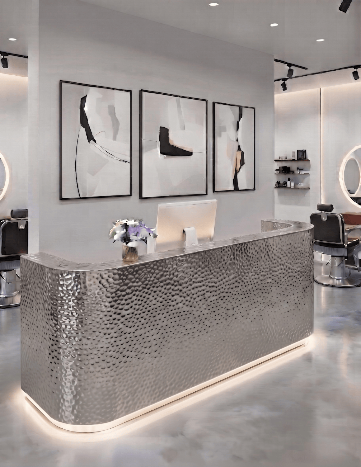 EDGE — طاولة استقبال ألمنيوم بتصميم بسيط لمحلات الحلاقة وصالونات التجميل واستوديوهات الجمال | مكتب استقبال مع إضاءة LED وخيار إضافة شعار