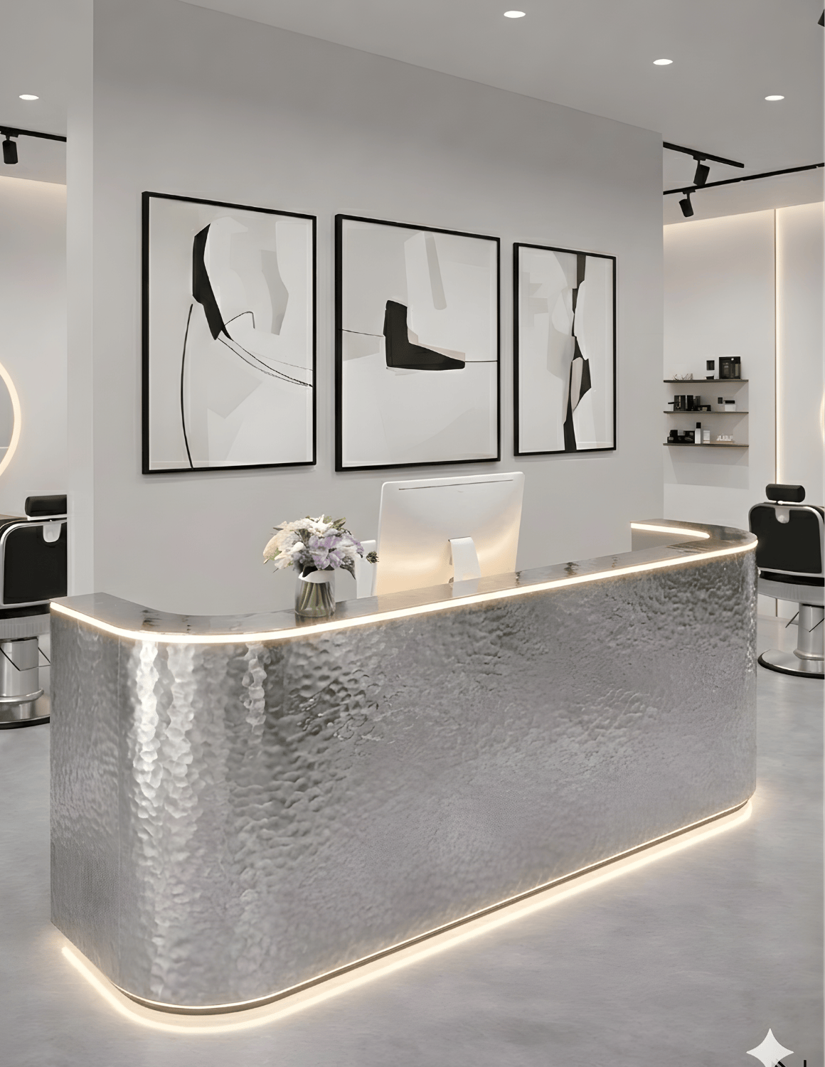EDGE — طاولة استقبال ألمنيوم بتصميم بسيط لمحلات الحلاقة وصالونات التجميل واستوديوهات الجمال | مكتب استقبال مع إضاءة LED وخيار إضافة شعار