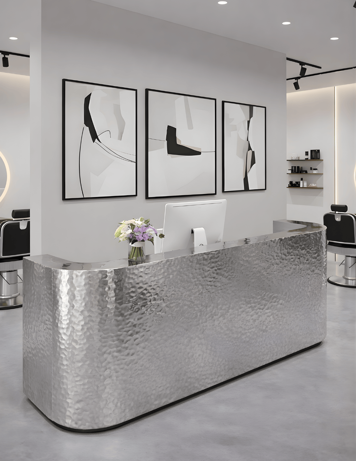 EDGE — طاولة استقبال ألمنيوم بتصميم بسيط لمحلات الحلاقة وصالونات التجميل واستوديوهات الجمال | مكتب استقبال مع إضاءة LED وخيار إضافة شعار