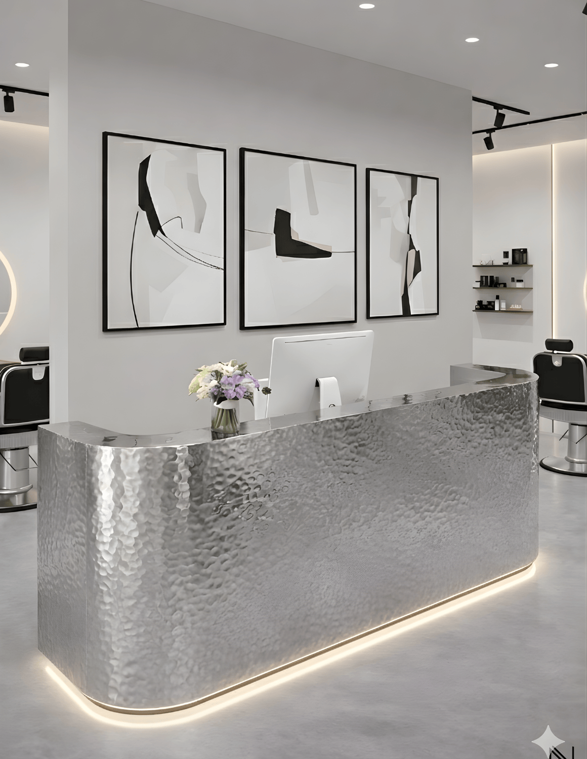EDGE — طاولة استقبال ألمنيوم بتصميم بسيط لمحلات الحلاقة وصالونات التجميل واستوديوهات الجمال | مكتب استقبال مع إضاءة LED وخيار إضافة شعار