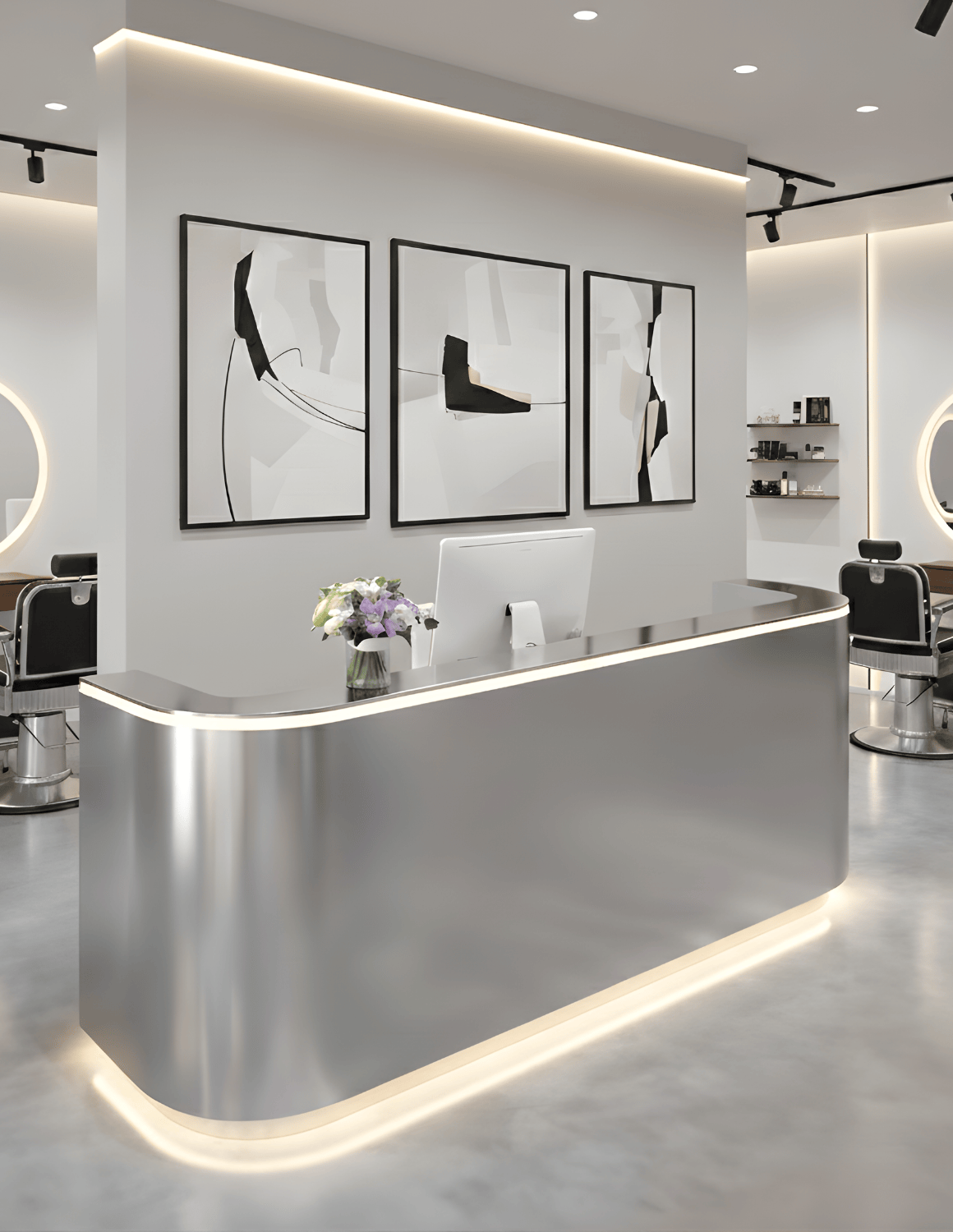 EDGE — طاولة استقبال ألمنيوم بتصميم بسيط لمحلات الحلاقة وصالونات التجميل واستوديوهات الجمال | مكتب استقبال مع إضاءة LED وخيار إضافة شعار