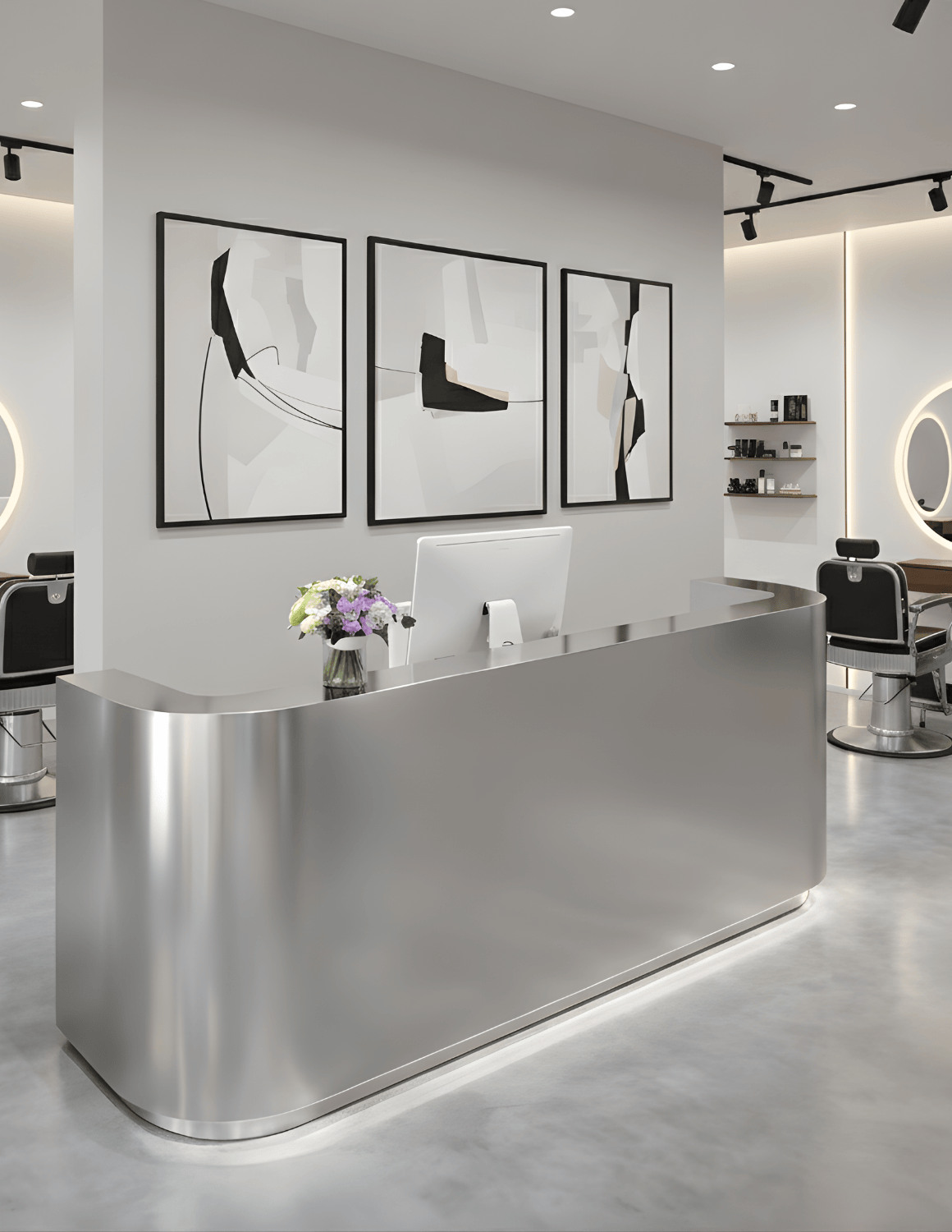 EDGE — طاولة استقبال ألمنيوم بتصميم بسيط لمحلات الحلاقة وصالونات التجميل واستوديوهات الجمال | مكتب استقبال مع إضاءة LED وخيار إضافة شعار