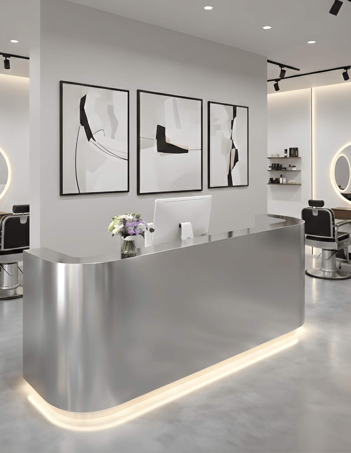 EDGE — طاولة استقبال ألمنيوم بتصميم بسيط لمحلات الحلاقة وصالونات التجميل واستوديوهات الجمال | مكتب استقبال مع إضاءة LED وخيار إضافة شعار