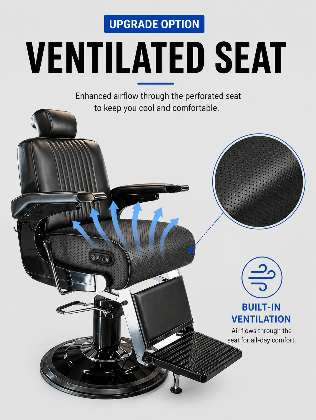 Ventilace sedáku barber křesla (pouze upgrade sedáku) – chladicí systém s inteligentním ovladačem a víceúrovňovými režimy