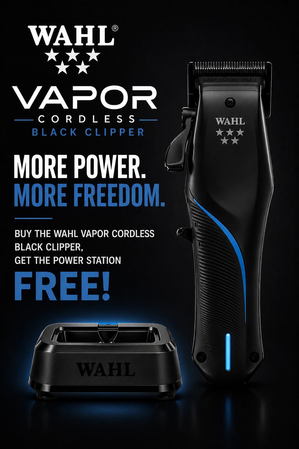 WAHL Vapor Cordless Black Clipper inklusive kostenloser Single Port Barber Power Station