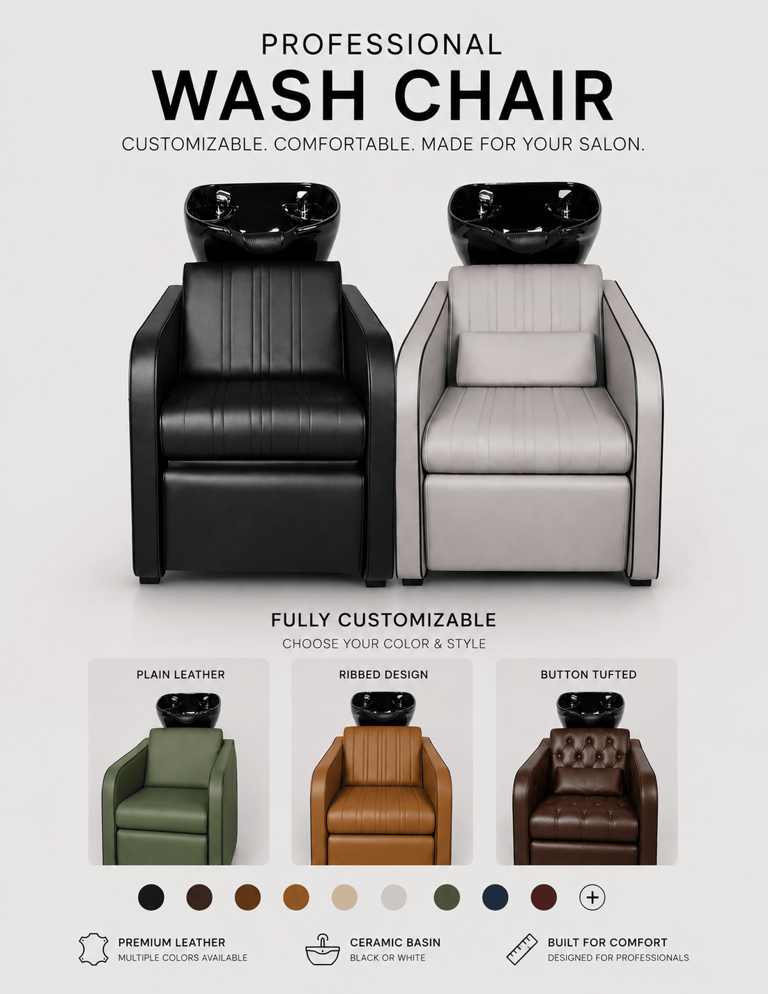 New School Shampoo Backwash Unit for Hair Salons & Barbershops – Custom Leather Upholstery, Ceramic Basin & Logo Option