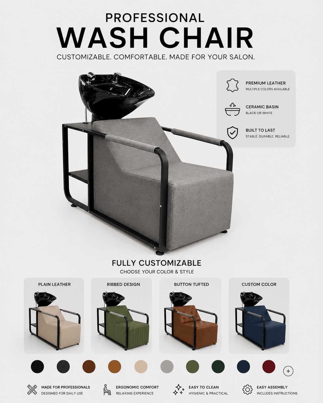 The 45 Shampoo Backwash Unit for Hair Salons & Barbershops – Custom Leather Upholstery, Ceramic Basin & Logo Option