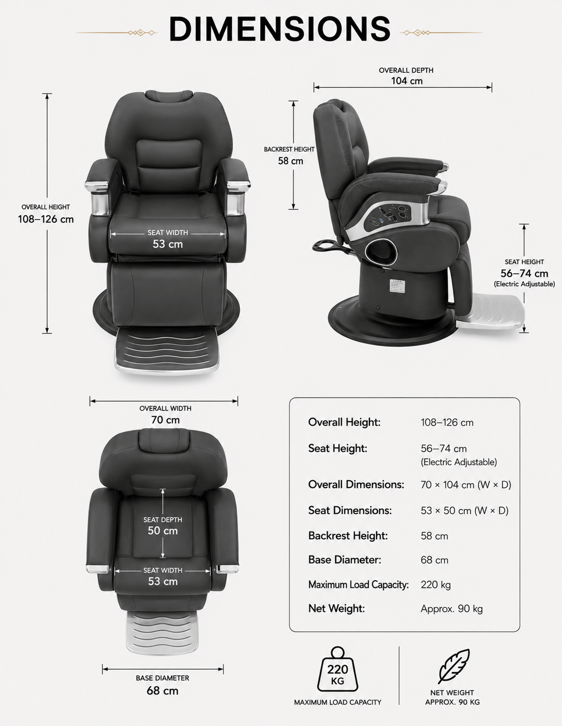 JBS e-Prestige 1.0 Camel — Fully Electric Barber Chair & Hairdressing Chair with Electric Height Adjustment, Electric Recline & Memory Function | Premium Chair for Barbershops, Hair Salons & Studios