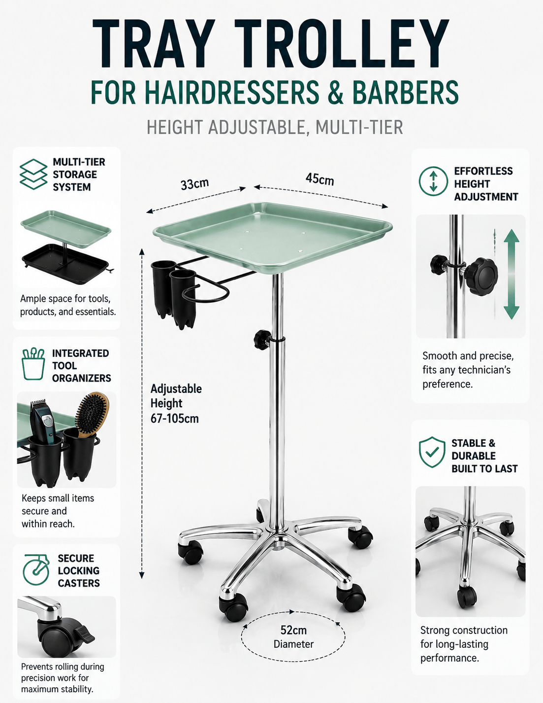 Salon & Barber Tray Trolley with One or Two Tiers, Height Adjustable 67–105 cm