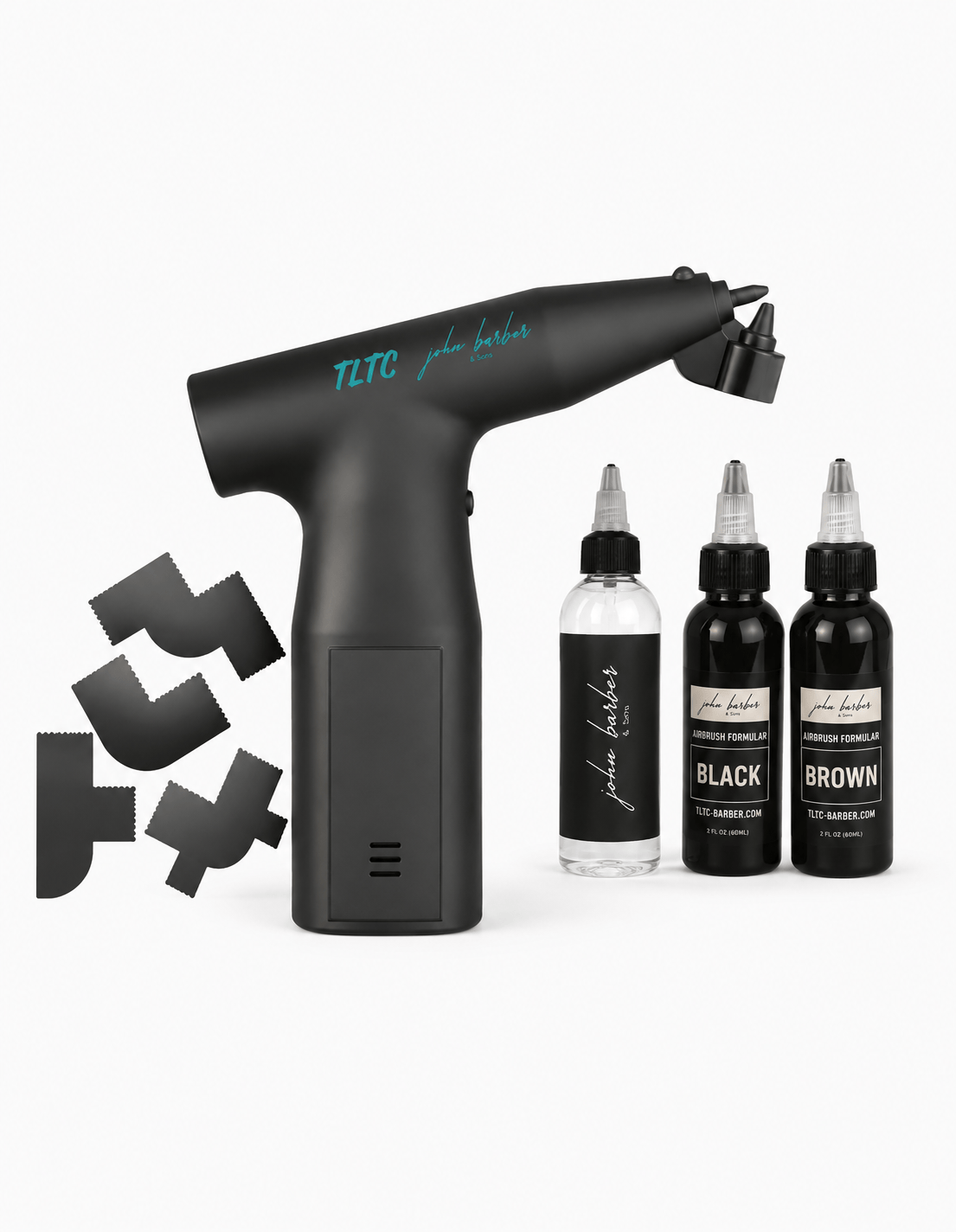 TLTC 1.0 – Barber Airbrush Gun Complete Set – s šablonami, čistilom za airbrush in airbrush barvami v črni in rjavi barvi