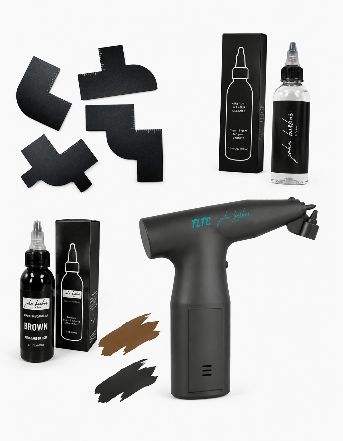 TLTC 1.0 – Barber Airbrush Gun Complete Set – s šablonami, čistilom za airbrush in airbrush barvami v črni in rjavi barvi
