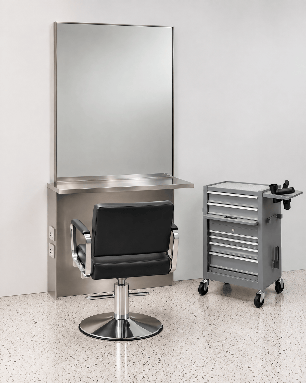 JBS Halo – unbeleuchtete Wandstation ohne MDF-Cabinet mit separatem grauem JBS-Rollwagen