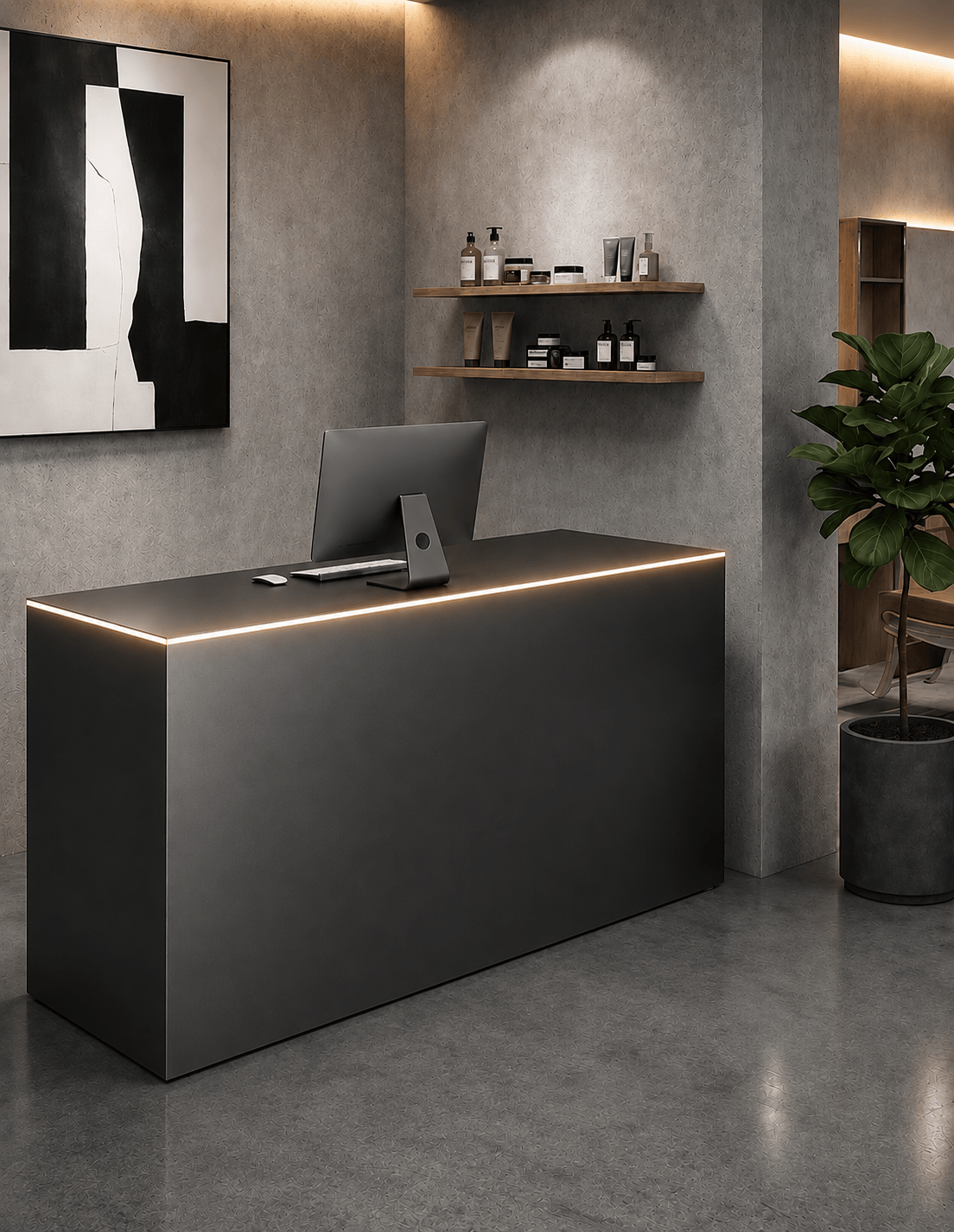 EDGE — Minimalist Aluminum Reception Counter for Barbershops, Hair Salons & Beauty Studios | Reception Desk & Reception Counter with LED Lighting & Logo Lettering