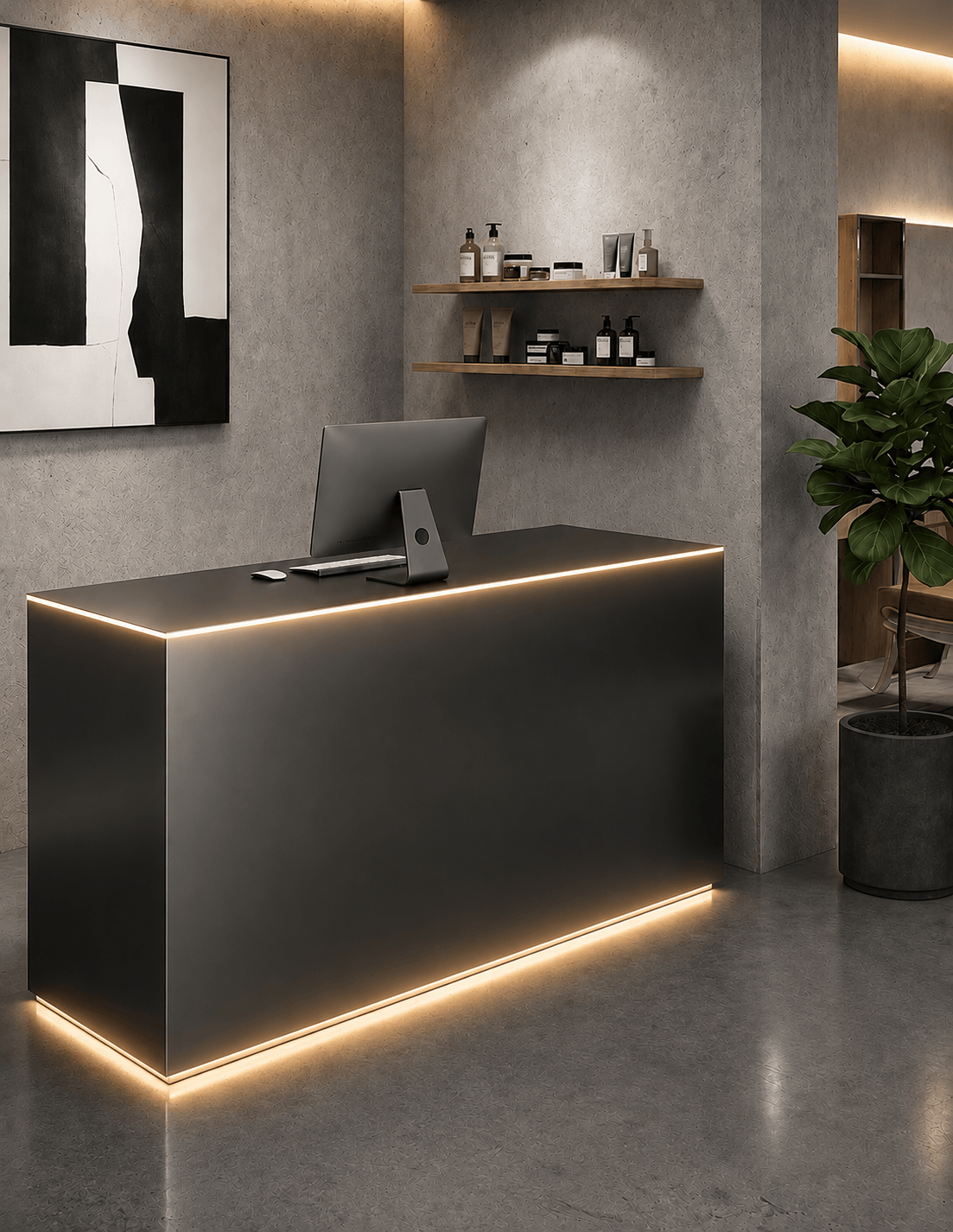 EDGE — Minimalist Aluminum Reception Counter for Barbershops, Hair Salons & Beauty Studios | Reception Desk & Reception Counter with LED Lighting & Logo Lettering