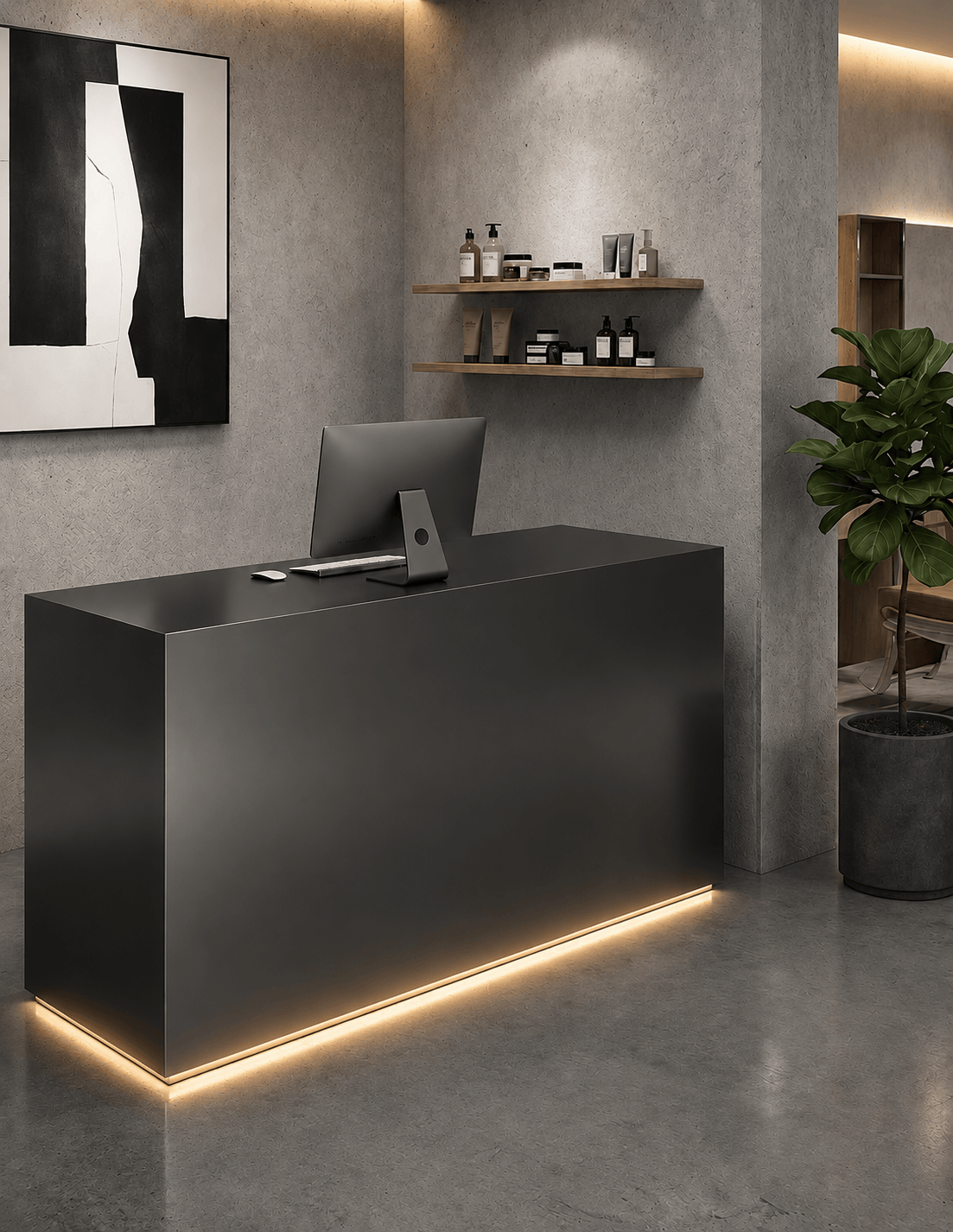 EDGE — Minimalist Aluminum Reception Counter for Barbershops, Hair Salons & Beauty Studios | Reception Desk & Reception Counter with LED Lighting & Logo Lettering