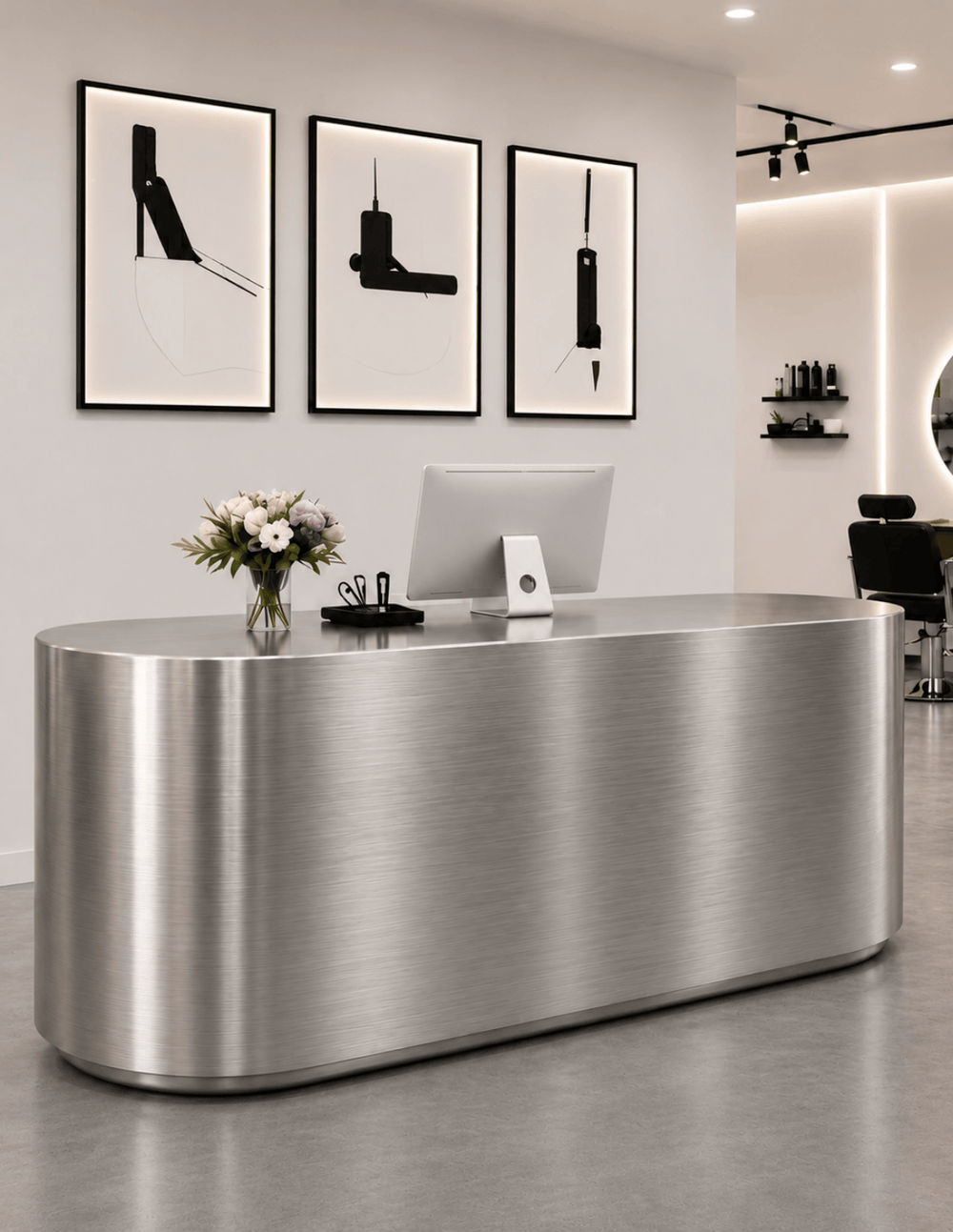 ELLIPSE — Minimalistický hliníkový recepční pult pro barber shopy, kadeřnictví a beauty studia | Recepční pult s LED osvětlením a možností vlastního loga