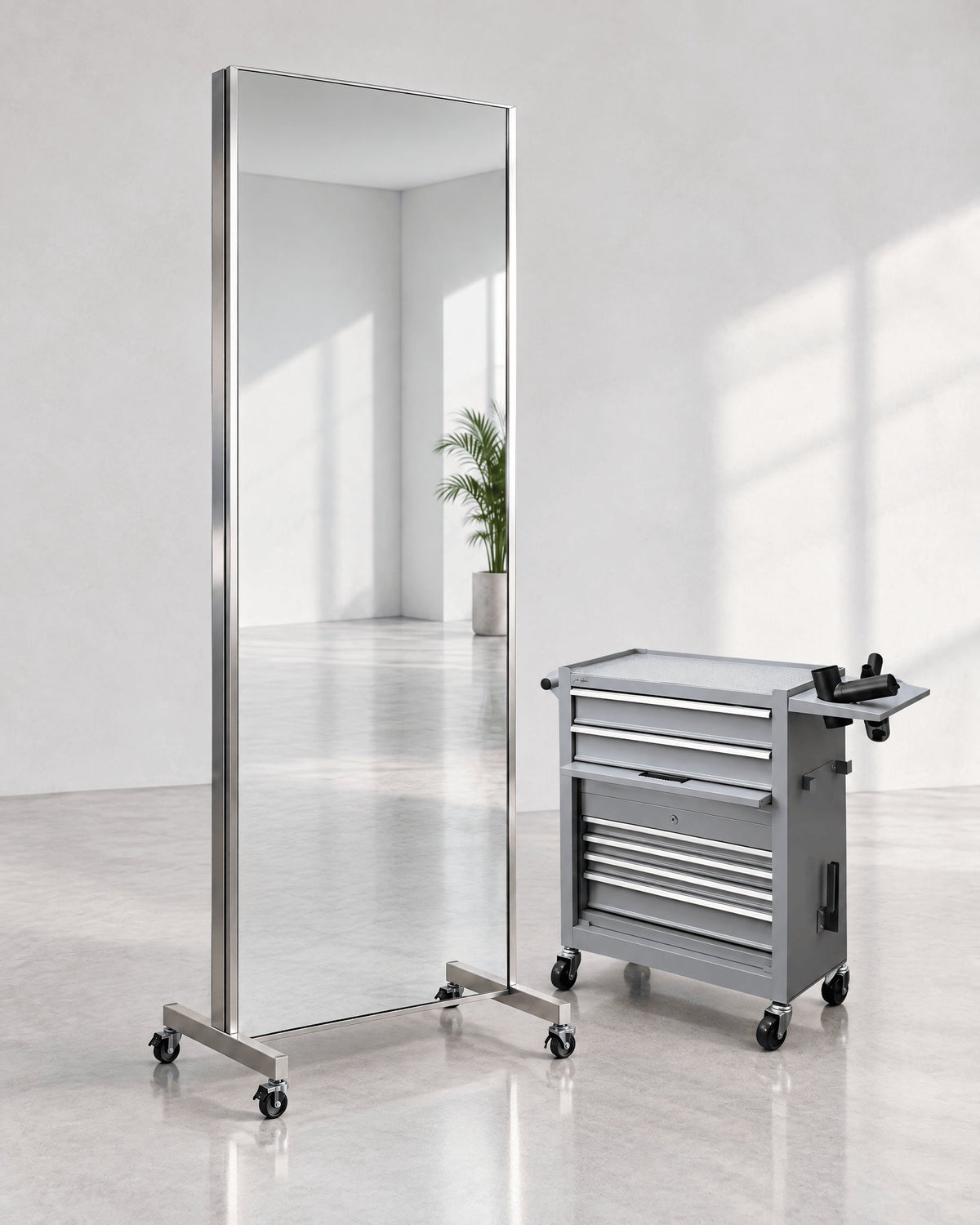 JBS Float mirror on wheels beside a grey JBS barber trolley sold separately