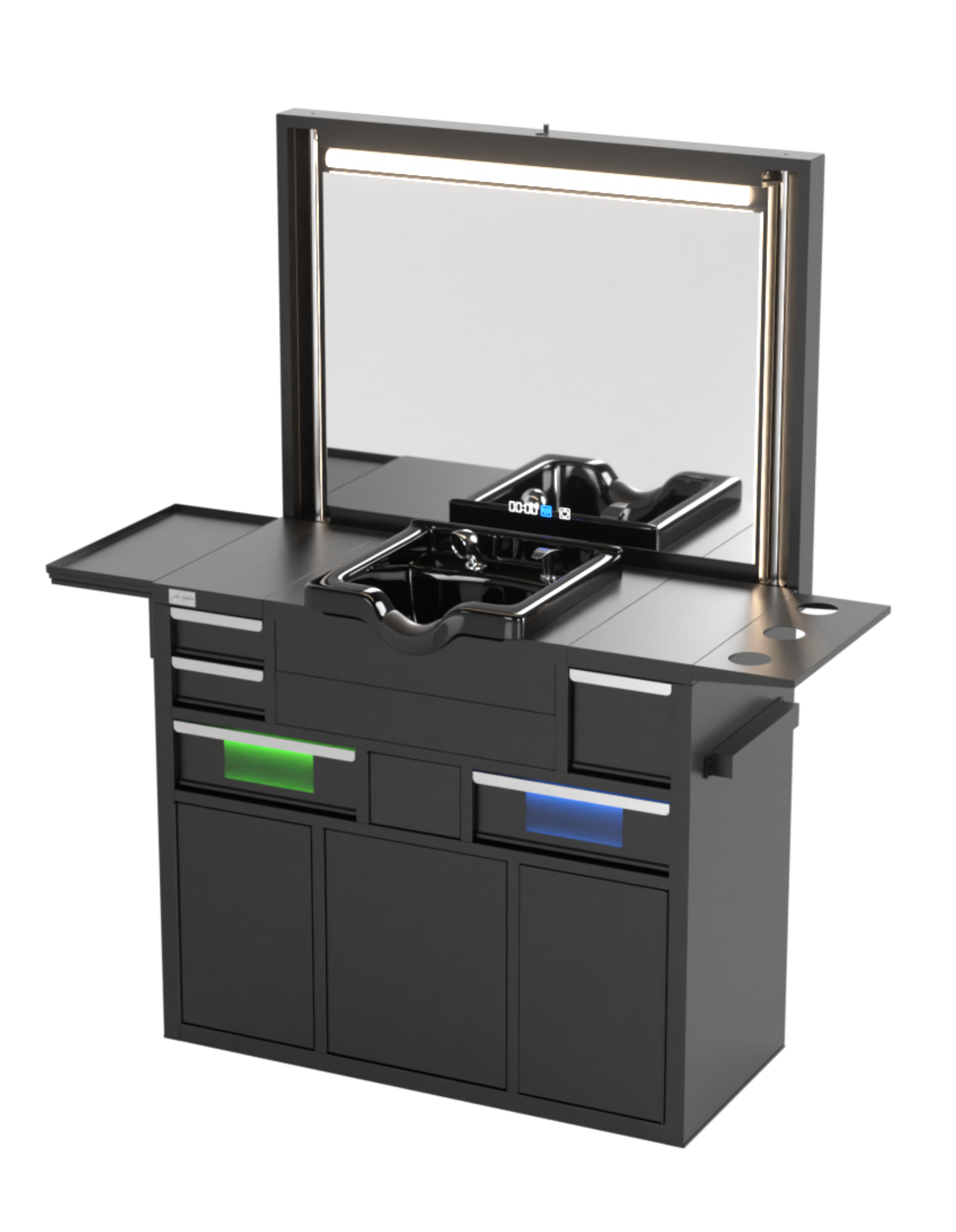 Berber Çalışma İstasyonu "Evolution" – Altı Renk Seçeneği ile Çalışma Alanı – UV Dezenfeksiyon – Lavabo – LED Işıklı Ayna