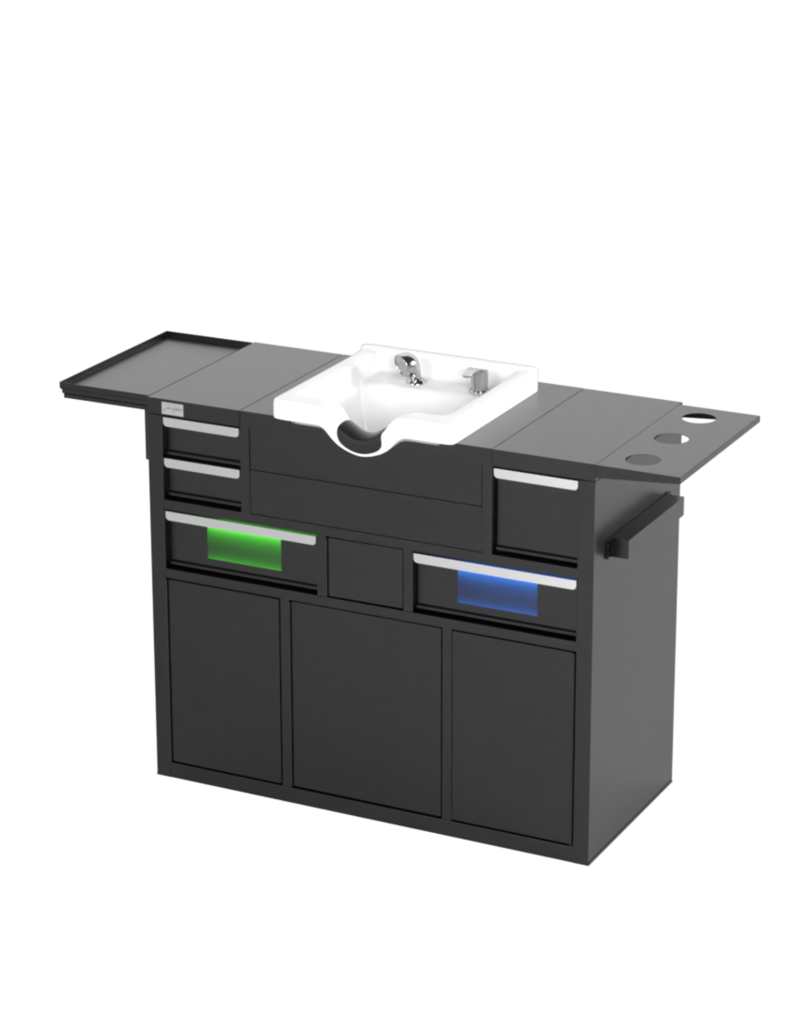 Berber Çalışma İstasyonu "Evolution" – Altı Renk Seçeneği ile Çalışma Alanı – UV Dezenfeksiyon – Lavabo – LED Işıklı Ayna