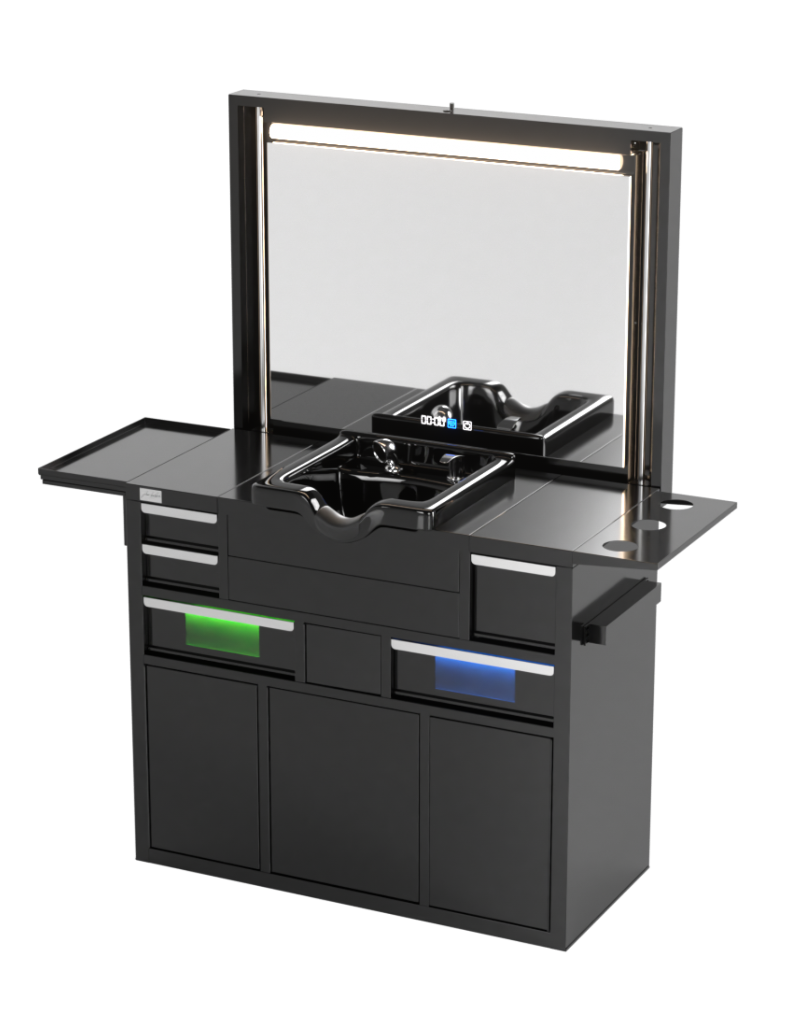 Berber Çalışma İstasyonu "Evolution" – Altı Renk Seçeneği ile Çalışma Alanı – UV Dezenfeksiyon – Lavabo – LED Işıklı Ayna