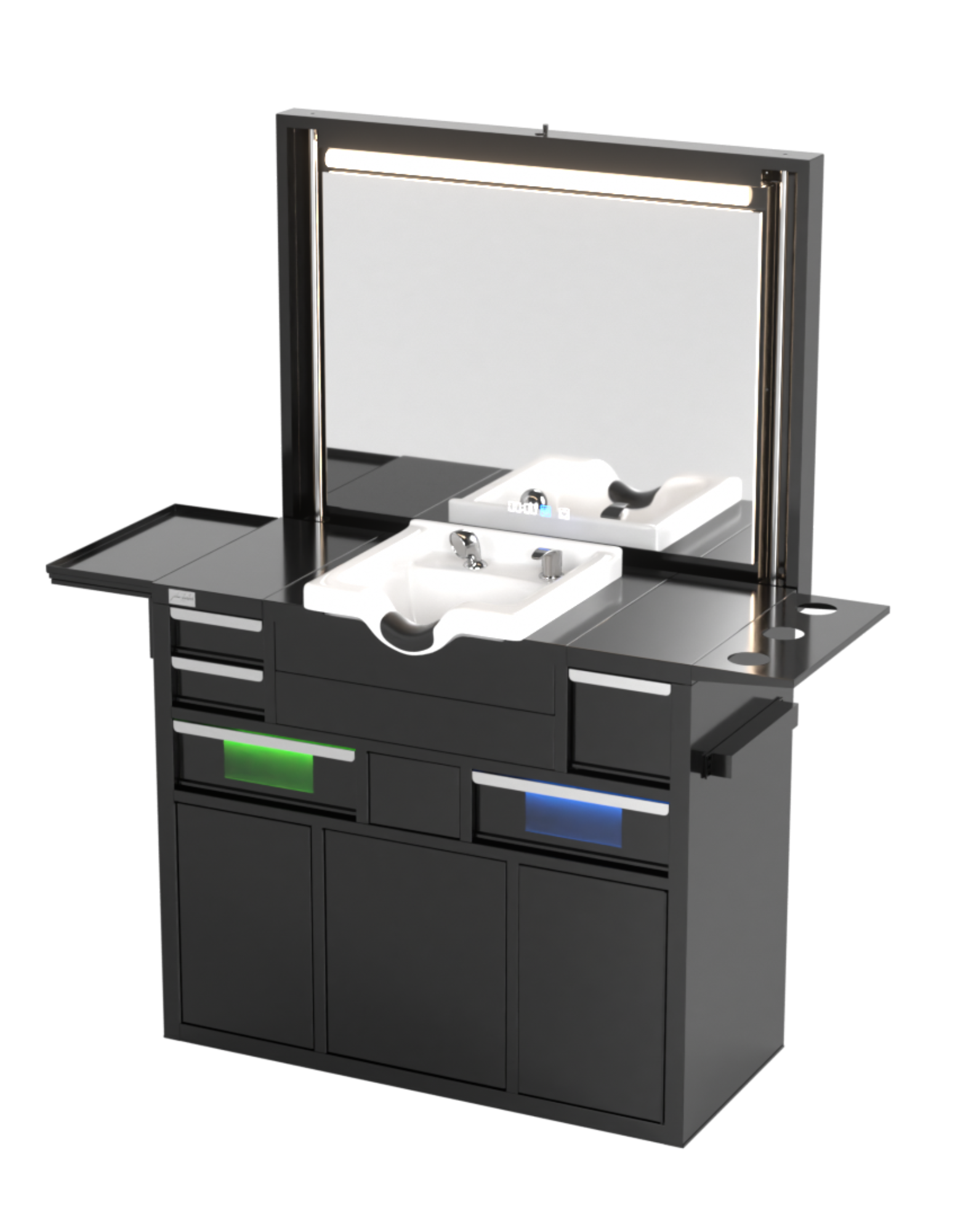 Berber Çalışma İstasyonu "Evolution" – Altı Renk Seçeneği ile Çalışma Alanı – UV Dezenfeksiyon – Lavabo – LED Işıklı Ayna