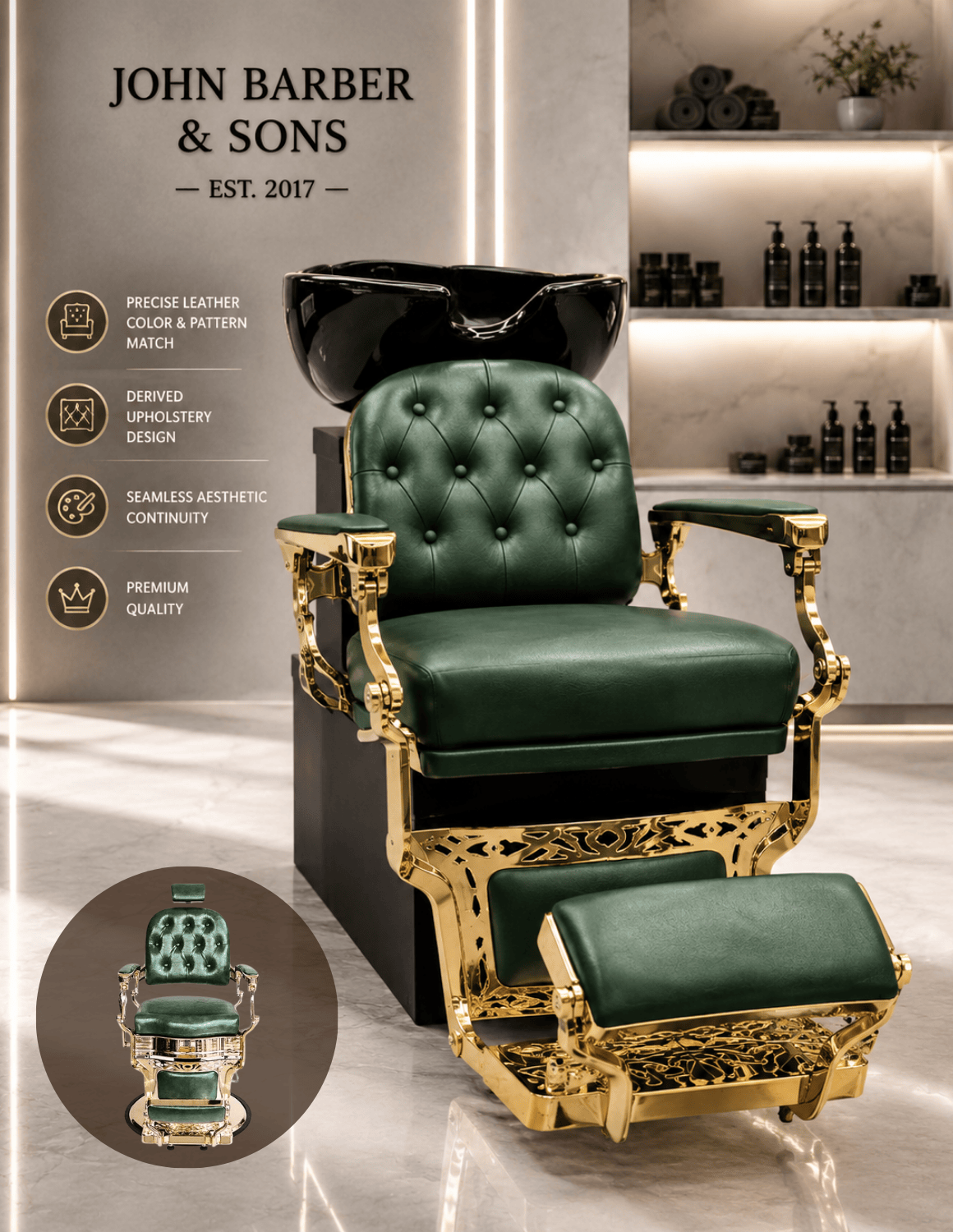 Poltrona lavatesta Barber personalizzata con lavabo in ceramica nera | Unità lavaggio di lusso personalizzata per barber shop e saloni professionali