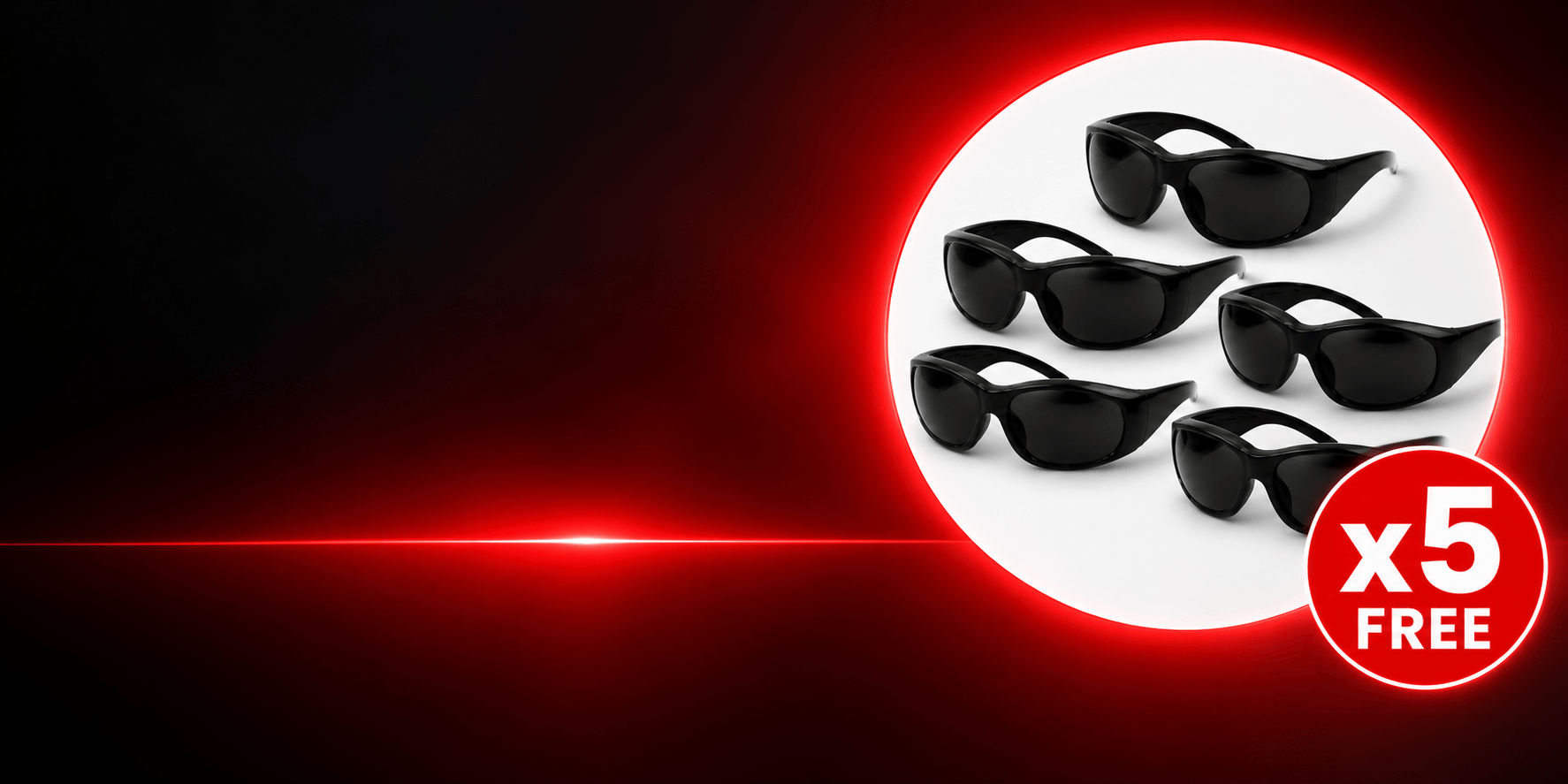 Fünf schwarze Schutzbrillen mit x5-Free-Badge