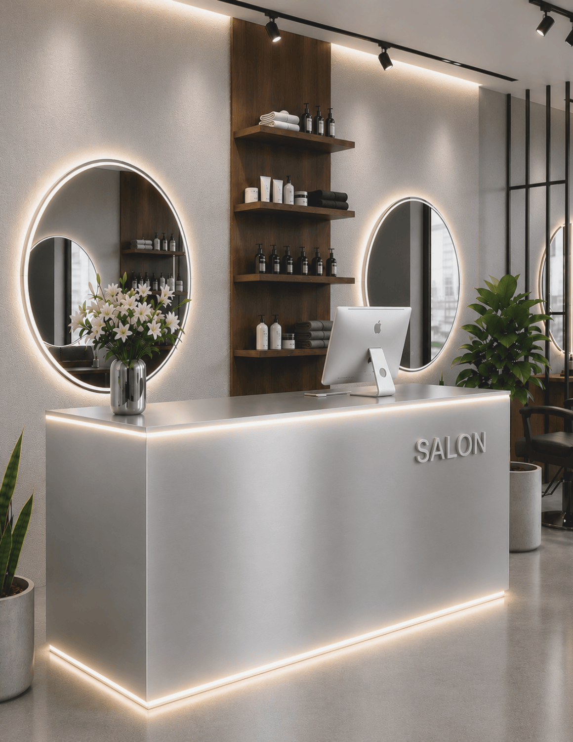 EDGE — Minimalist Aluminum Reception Counter for Barbershops, Hair Salons & Beauty Studios | Reception Desk & Reception Counter with LED Lighting & Logo Lettering