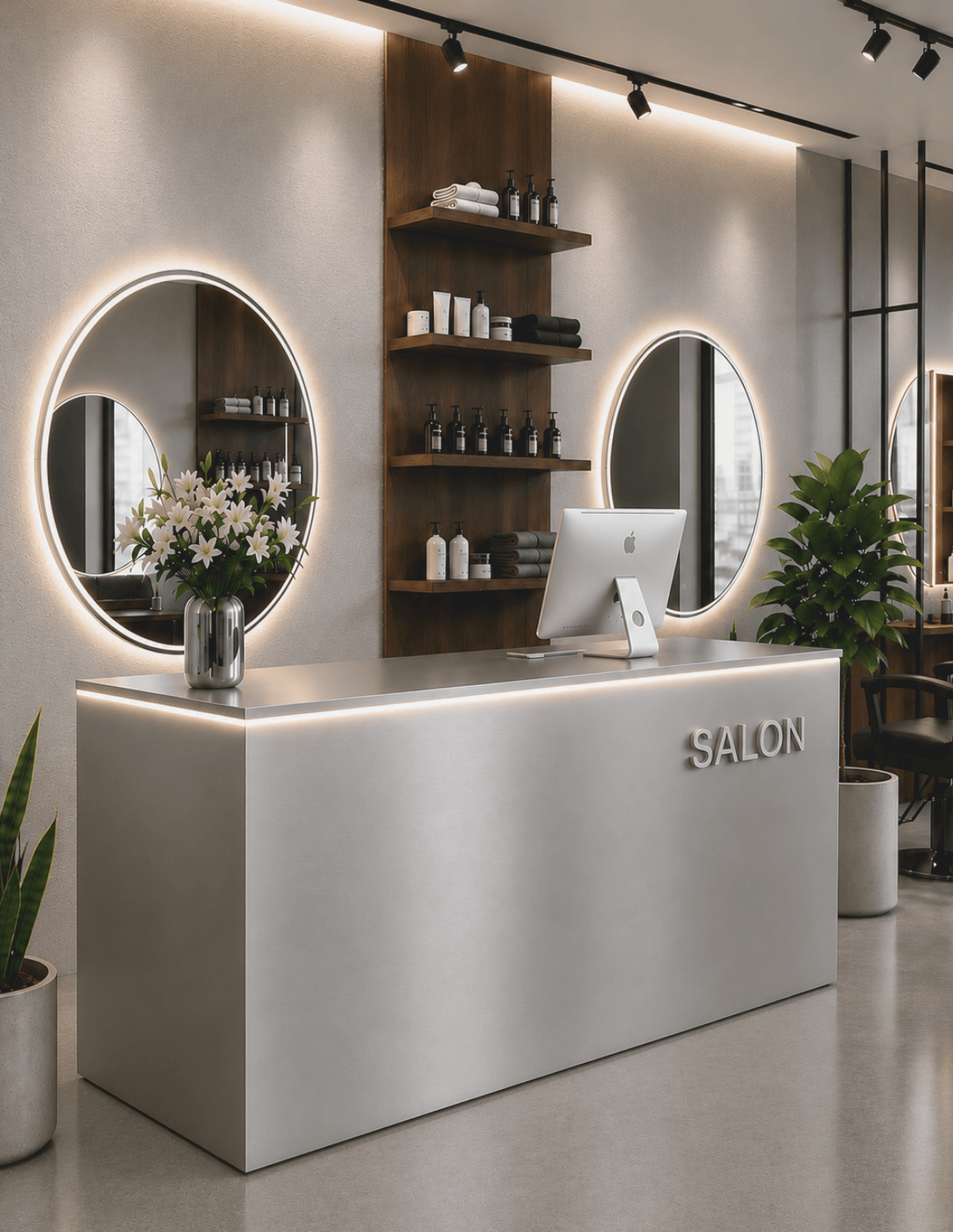 EDGE — Minimalist Aluminum Reception Counter for Barbershops, Hair Salons & Beauty Studios | Reception Desk & Reception Counter with LED Lighting & Logo Lettering