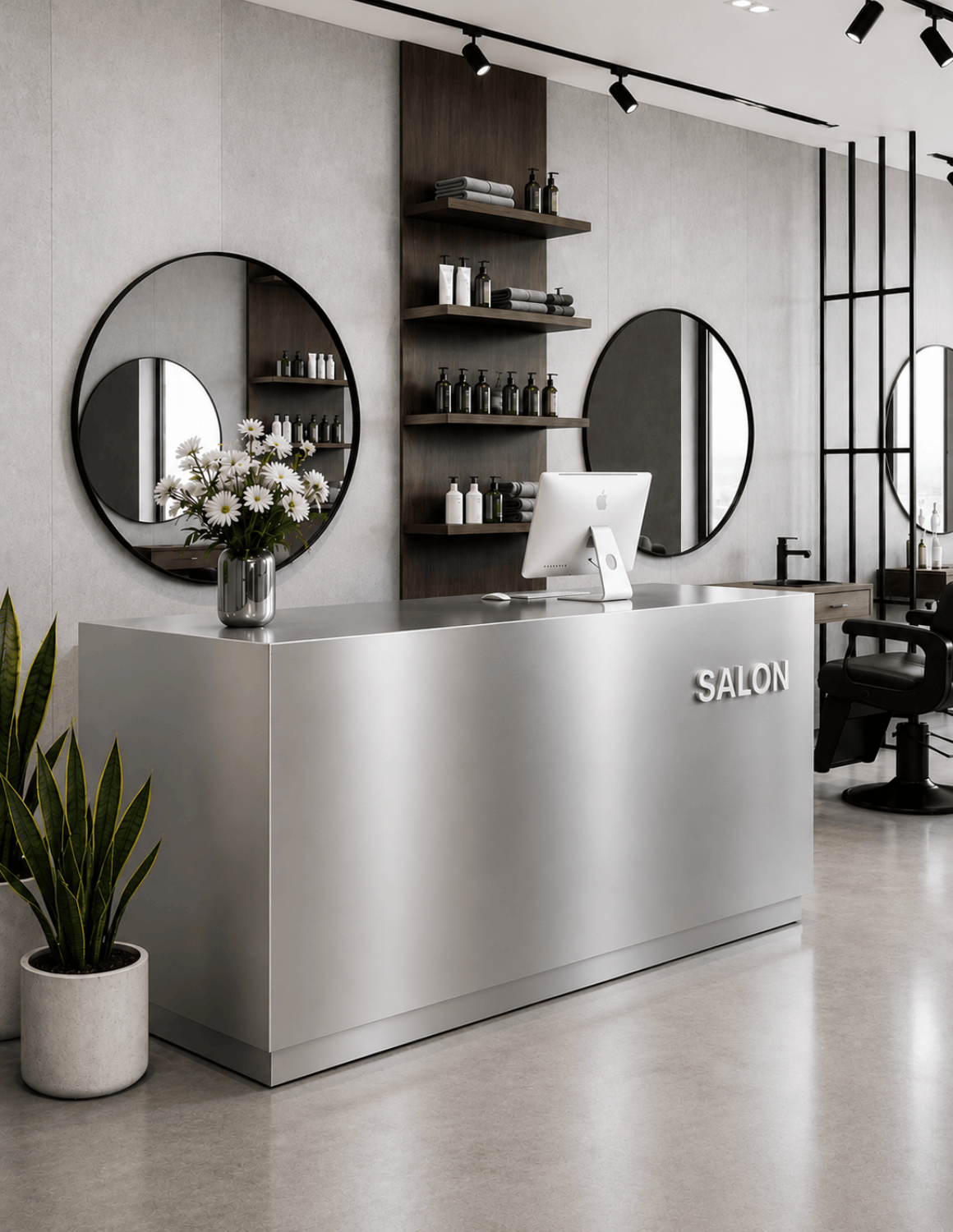 EDGE — Minimalist Aluminum Reception Counter for Barbershops, Hair Salons & Beauty Studios | Reception Desk & Reception Counter with LED Lighting & Logo Lettering