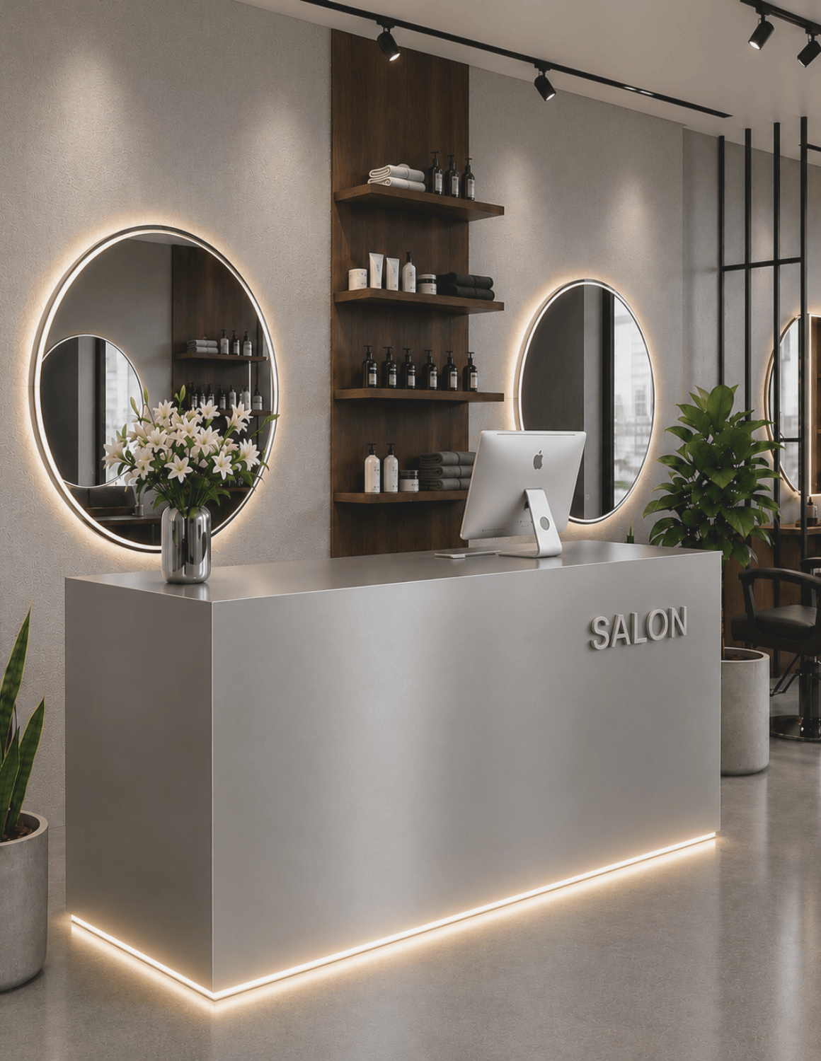 EDGE — Minimalist Aluminum Reception Counter for Barbershops, Hair Salons & Beauty Studios | Reception Desk & Reception Counter with LED Lighting & Logo Lettering