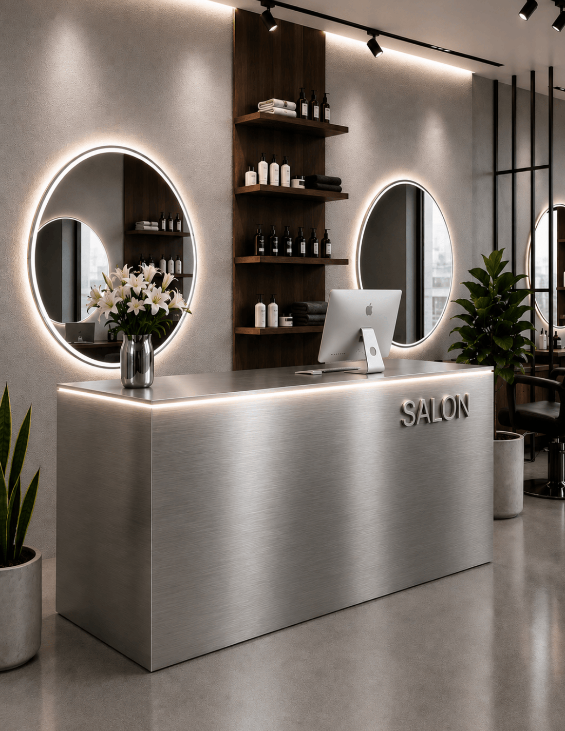 EDGE — Minimalist Aluminum Reception Counter for Barbershops, Hair Salons & Beauty Studios | Reception Desk & Reception Counter with LED Lighting & Logo Lettering