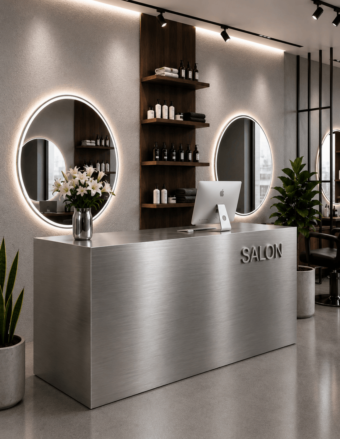 EDGE — Minimalist Aluminum Reception Counter for Barbershops, Hair Salons & Beauty Studios | Reception Desk & Reception Counter with LED Lighting & Logo Lettering